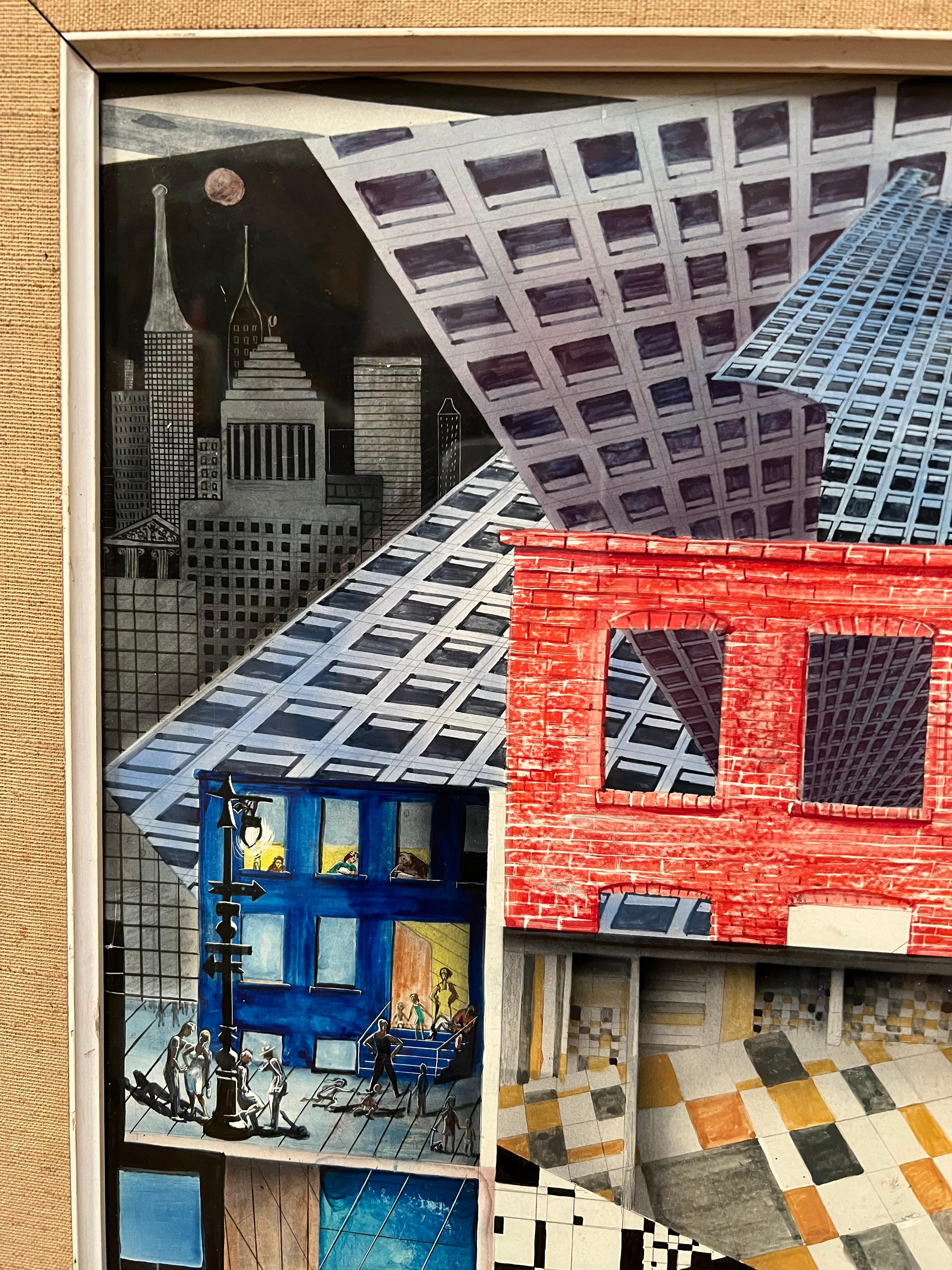 Amazingly detailed screen print of city life from different perspectives. Some buildings can be seen from a one-point perspective, while others are straight on. Looking closely you get to see inside some apartment windows, giving us a glimpse of