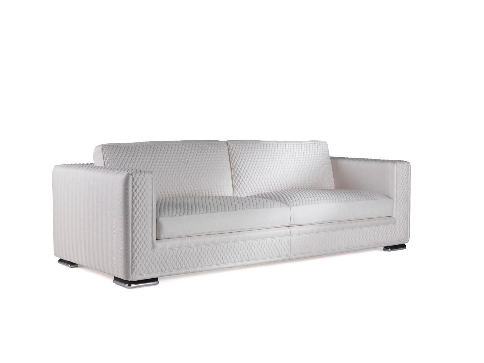 City life contemporary Italian three-seat sofa in striped fabric with embroidered cushions and details by Zanaboni.
 
Please note: Prices do not include VAT. VAT may be added depending on the ship-to location.
