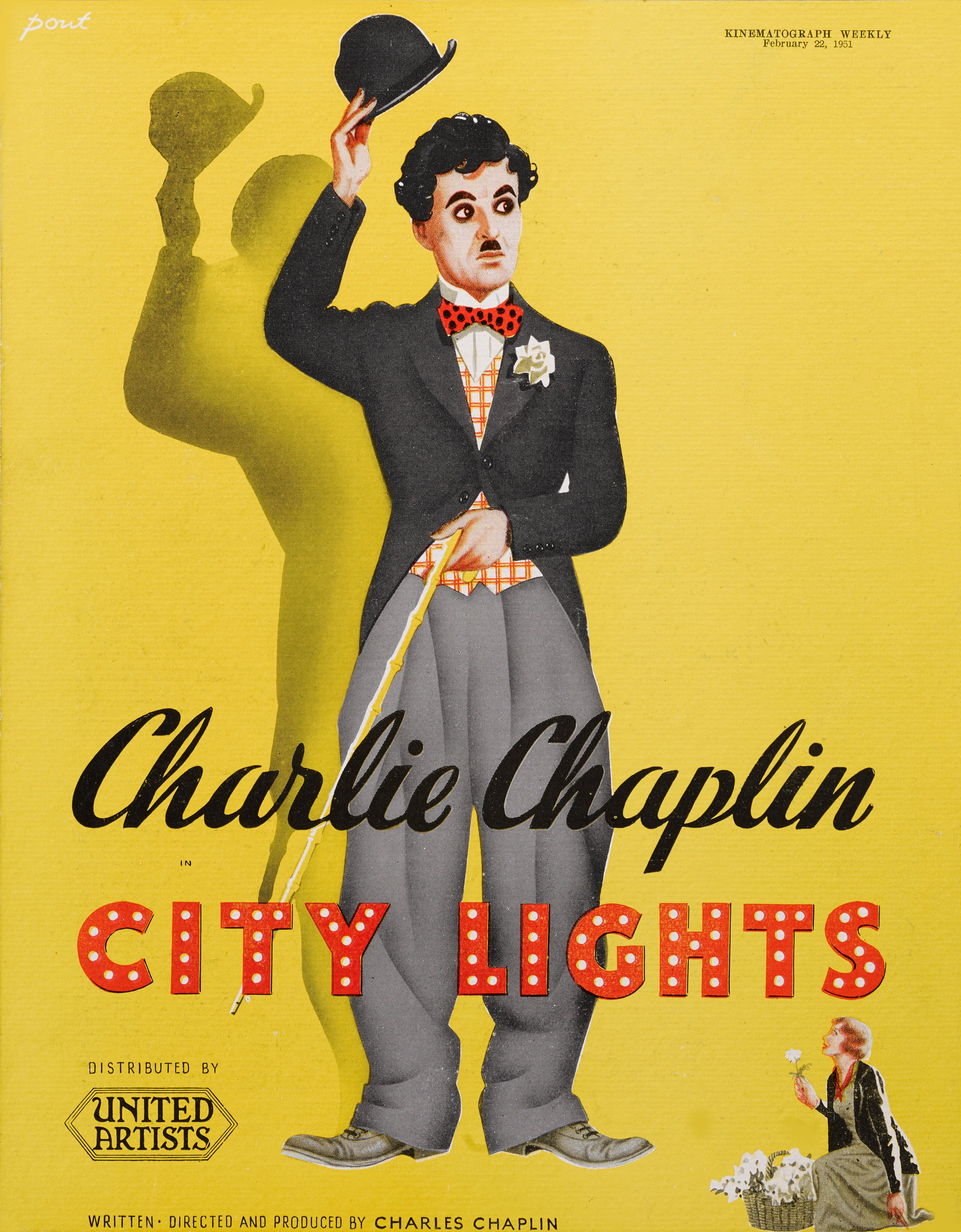Original British trade advertisement for the 1931 silent Charlie Chaplin comedy romance City Lights.
This trade advertisement was used for the films 1951 rerelease.
The piece is conservation paper backed and would be sent out flat.
          