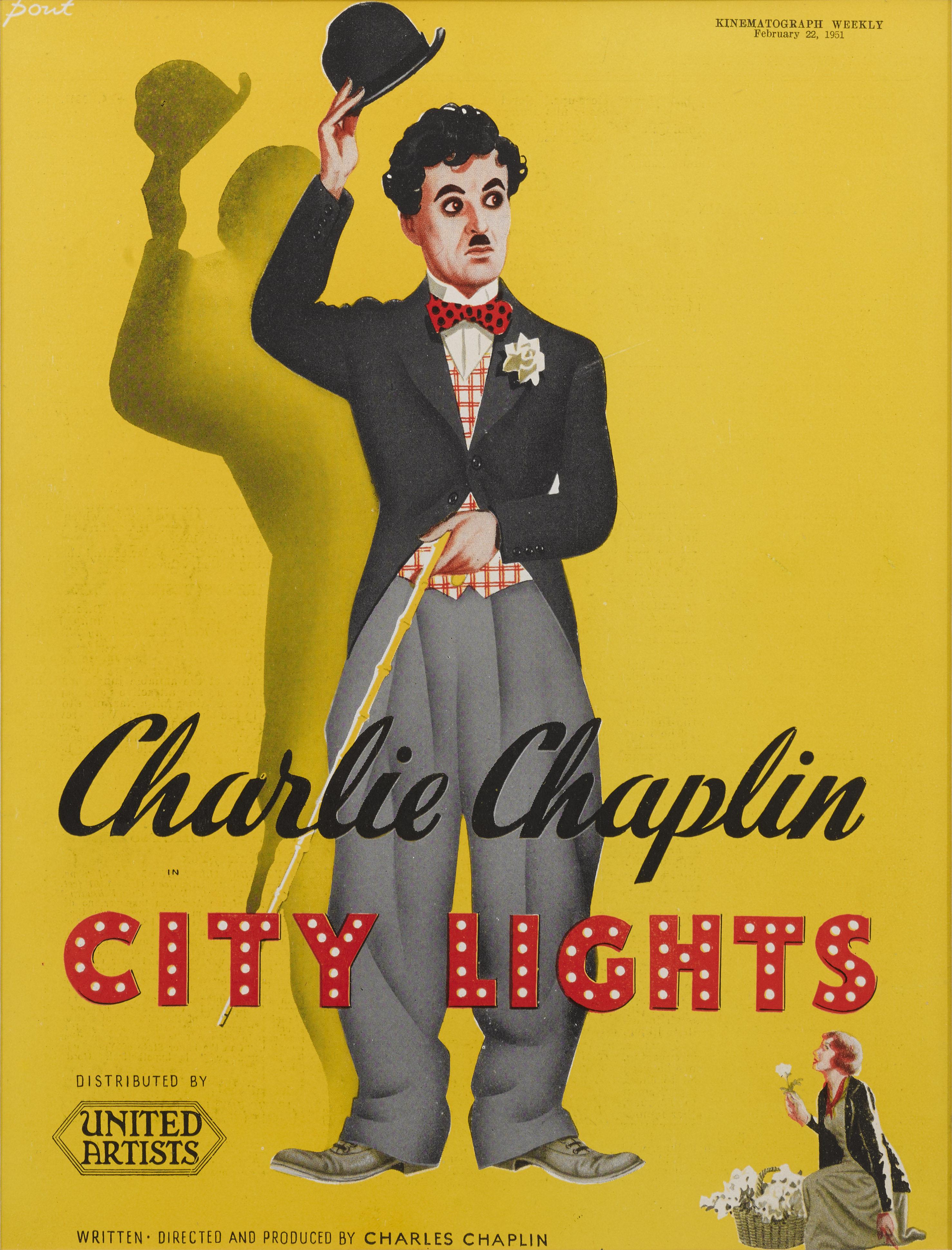 Original britische Handelsanzeige für die stumme Charlie Chaplin-Komödie City Lights von 1931.
Diese Werbeanzeige wurde für die Wiederveröffentlichung des Films im Jahr 1951 verwendet.
Das Stück ist Erhaltung Papier zurück und Erhaltung mit