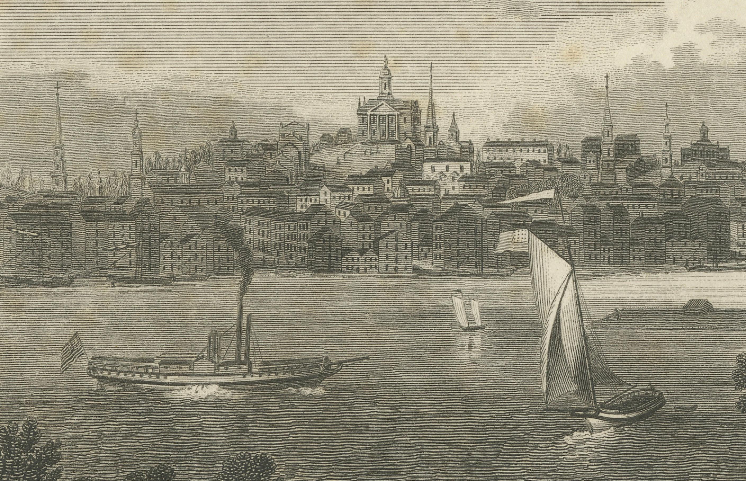 City of Albany, New York, Hudson River View – Antique Engraving, 1827