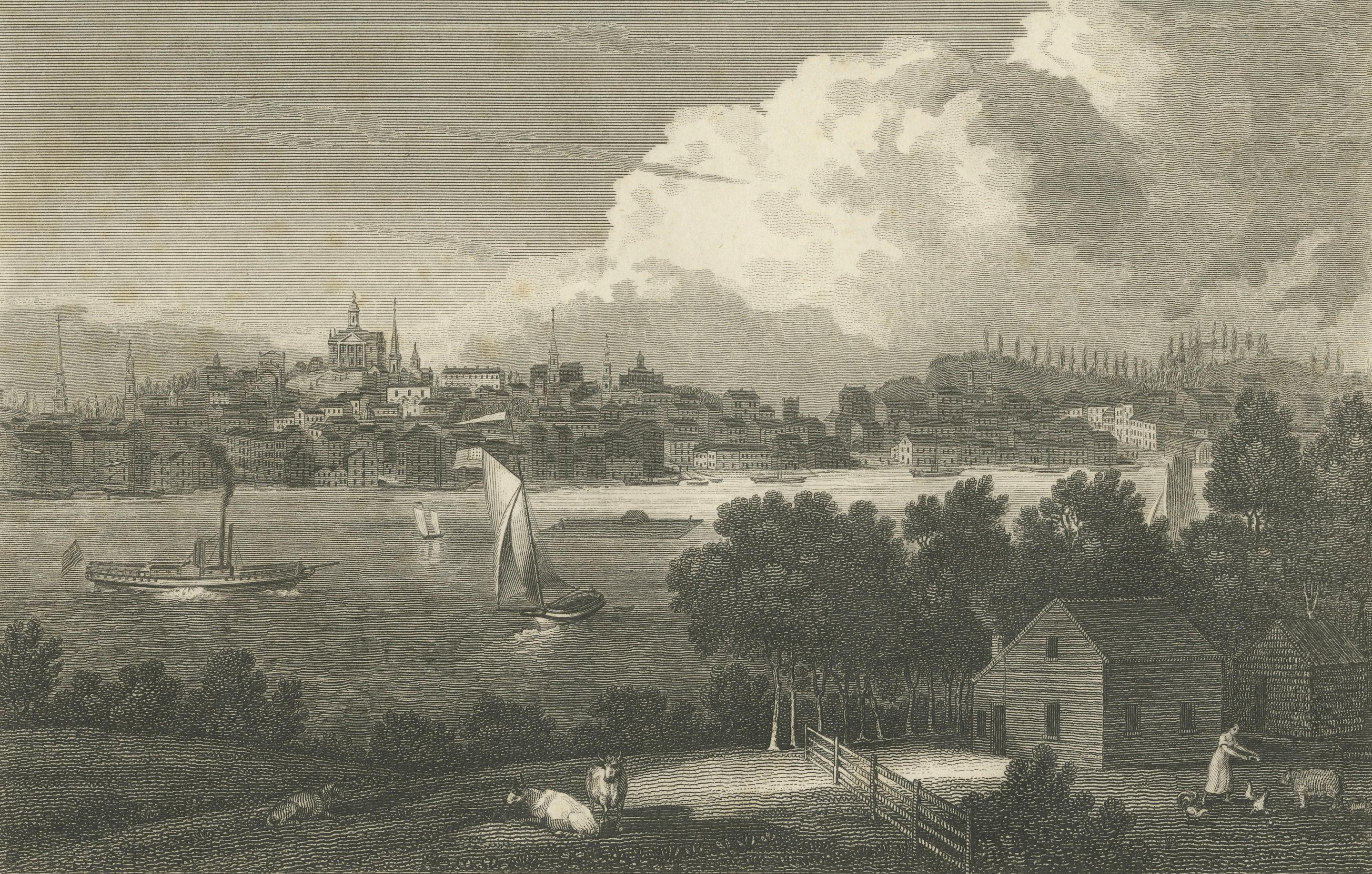 City of Albany, New York, Hudson River View – Antique Engraving, 1827