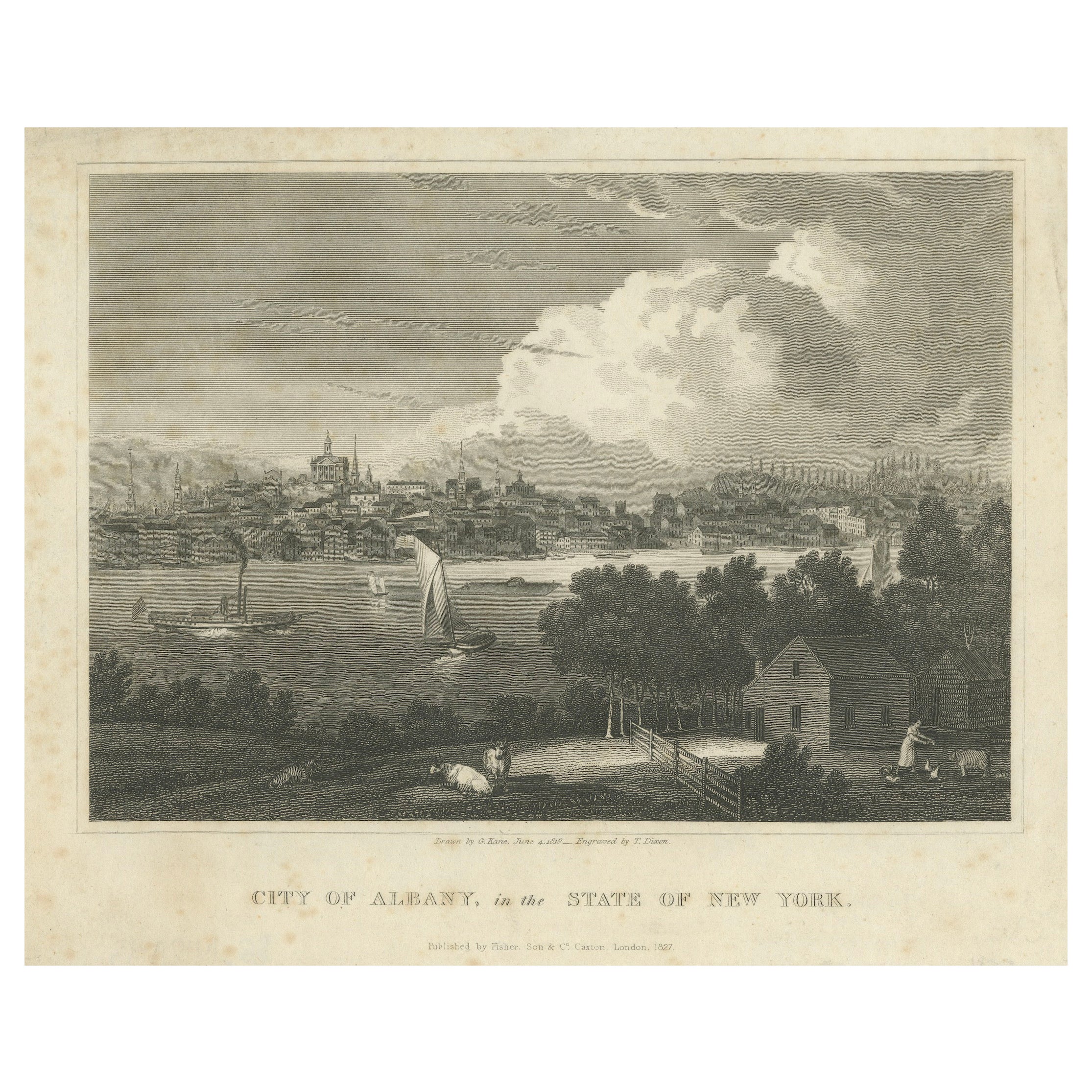 Stadt Albany, New York, Blick auf den Hudson River - Antiker Kupferstich, 1827