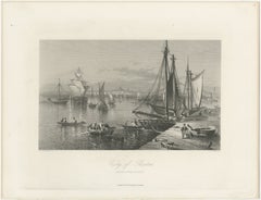 City of Boston, Harbor View from South Boston – Antique Maritime Engraving, 1870