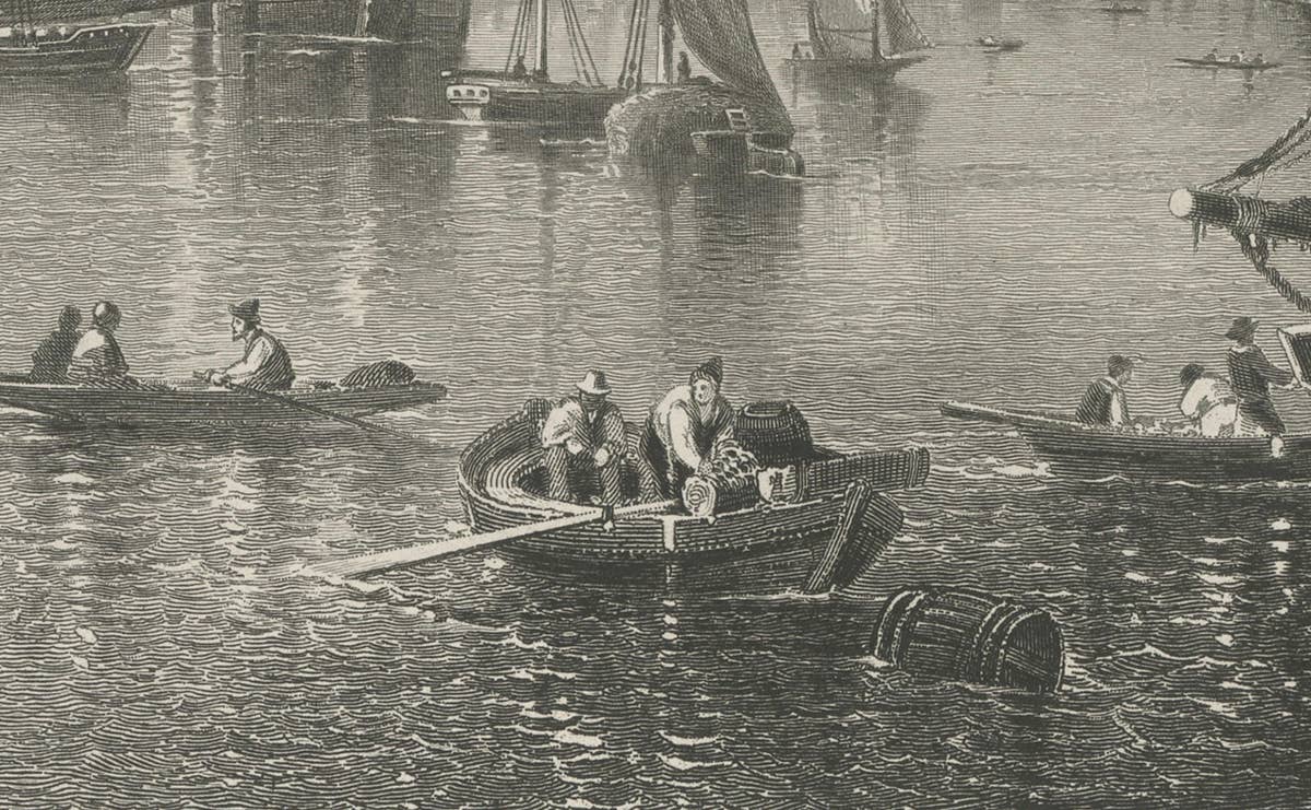 City of Boston, Harbor View from South Boston – Antique Maritime Engraving, 1870