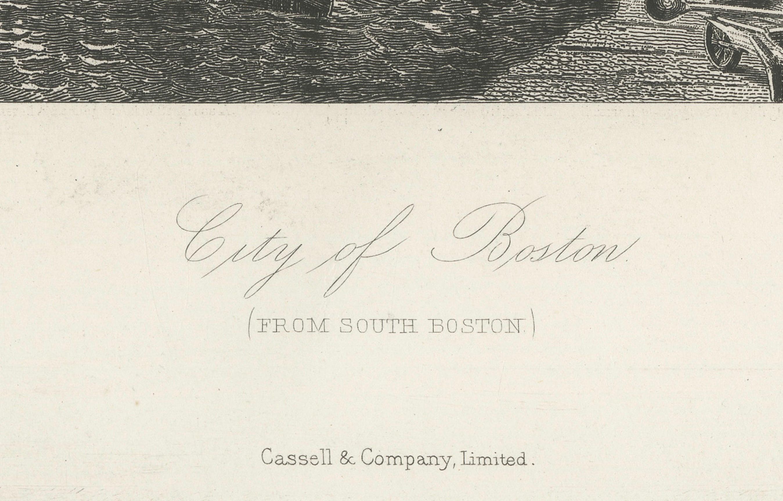 City of Boston, Harbor View from South Boston – Antique Maritime Engraving, 1870