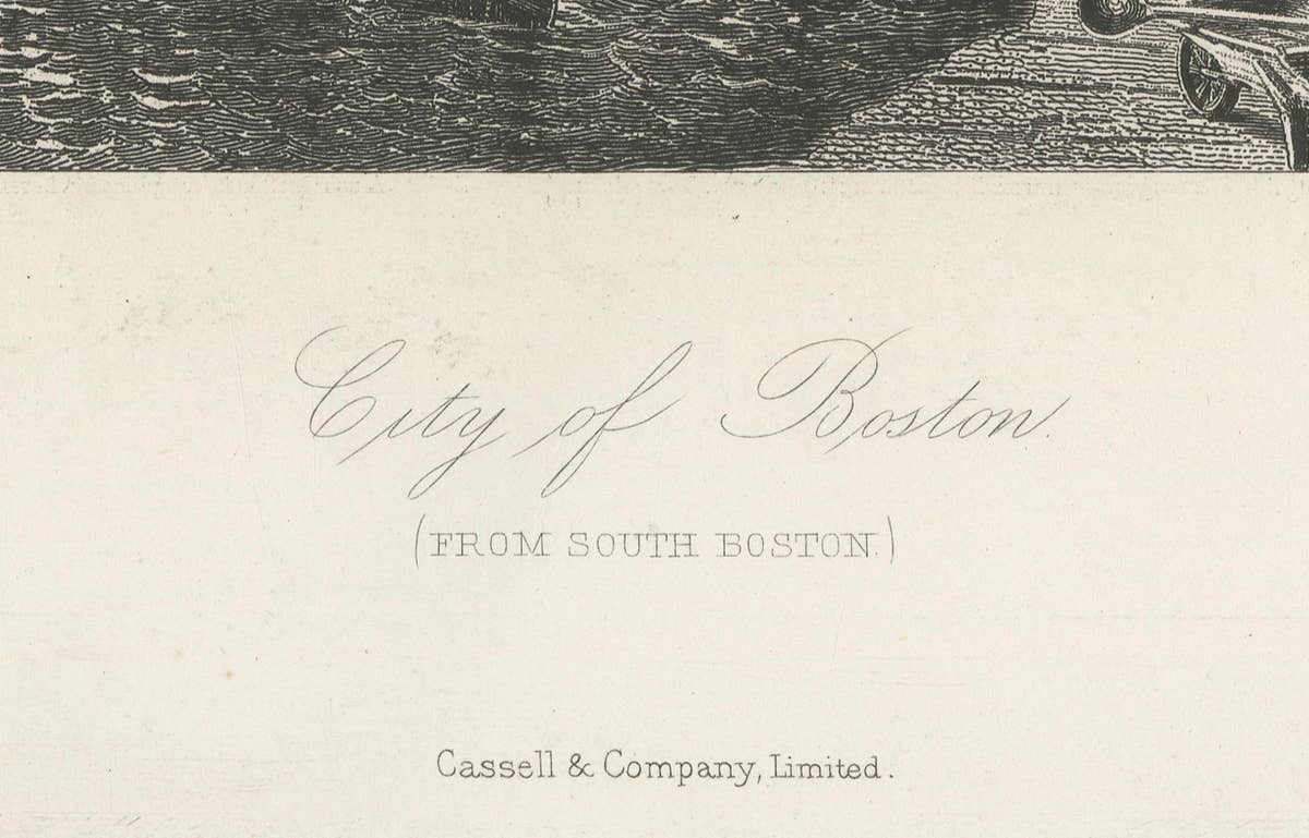 City of Boston, Harbor View from South Boston – Antique Maritime Engraving, 1870