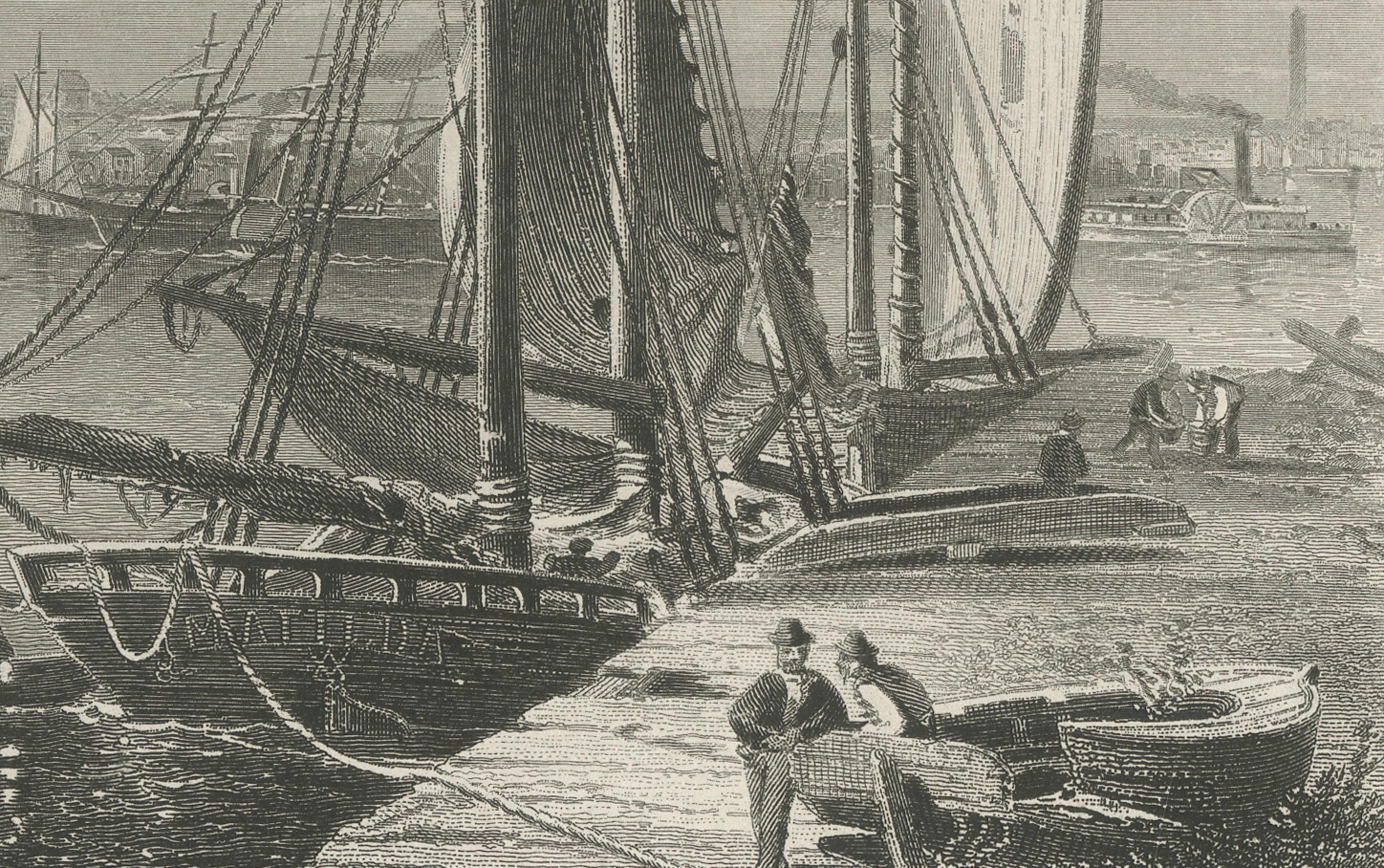 City of Boston, Harbor View from South Boston – Antique Maritime Engraving, 1870