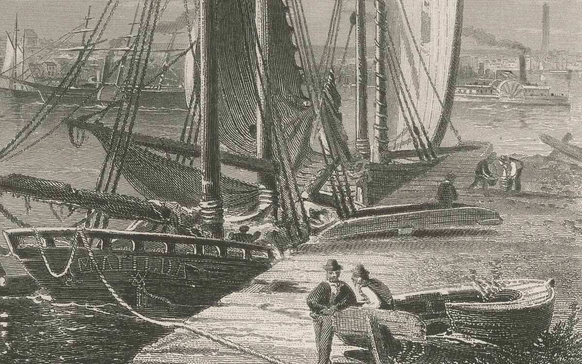 City of Boston, Harbor View from South Boston – Antique Maritime Engraving, 1870