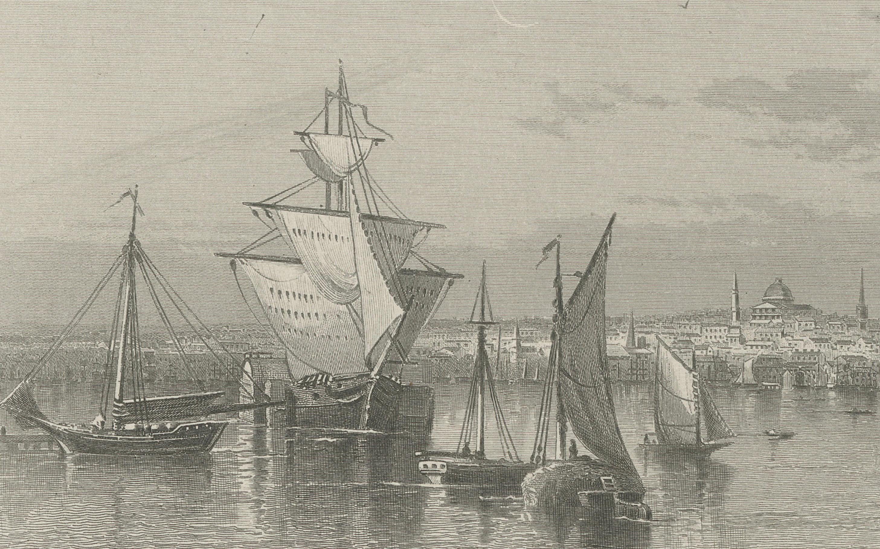 City of Boston, Harbor View from South Boston – Antique Maritime Engraving, 1870