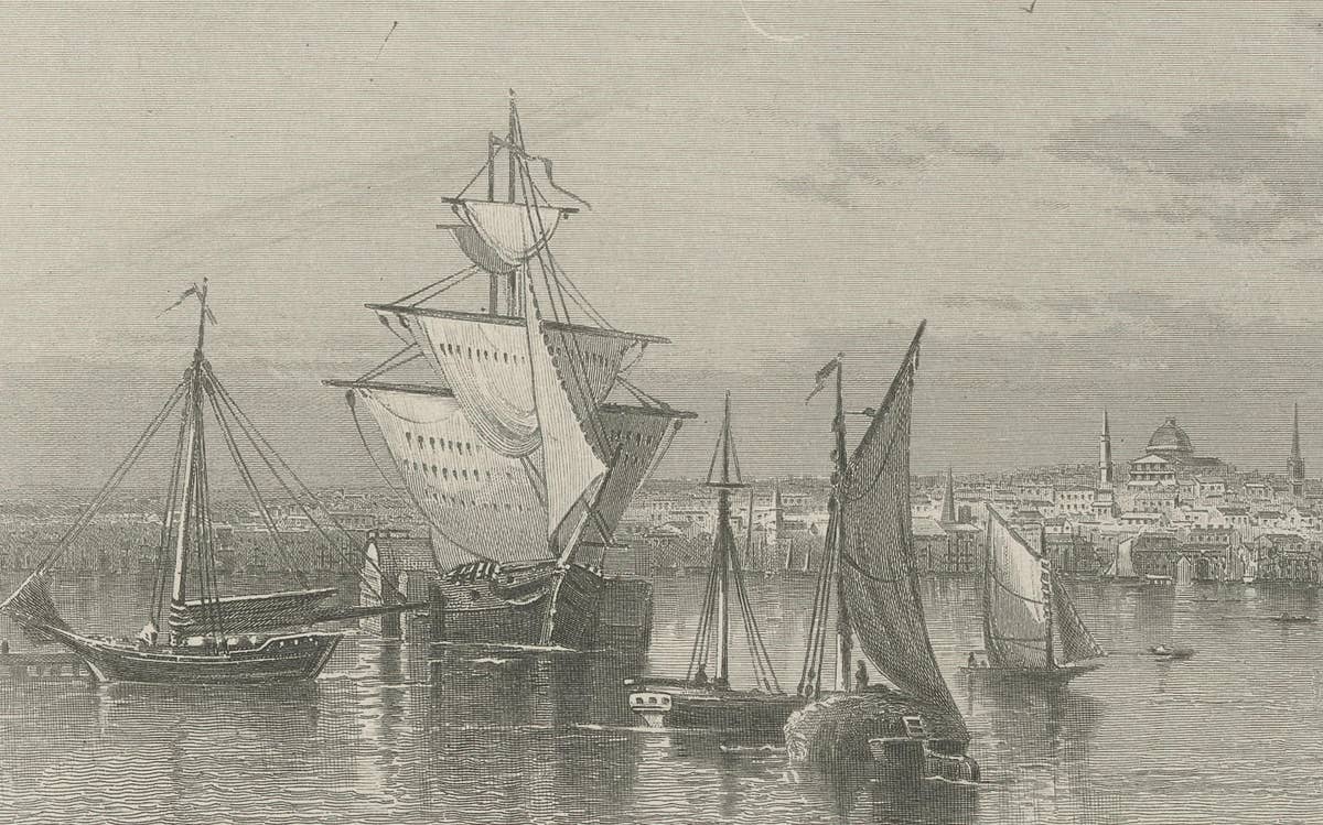 City of Boston, Harbor View from South Boston – Antique Maritime Engraving, 1870