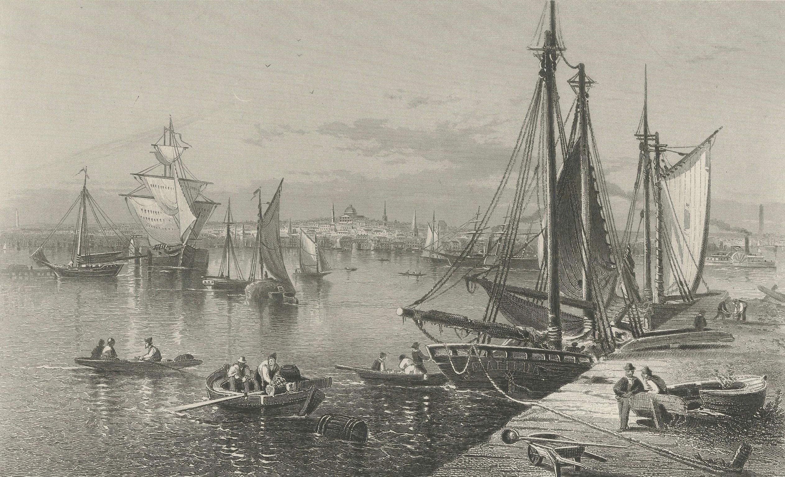 City of Boston, Harbor View from South Boston – Antique Maritime Engraving, 1870