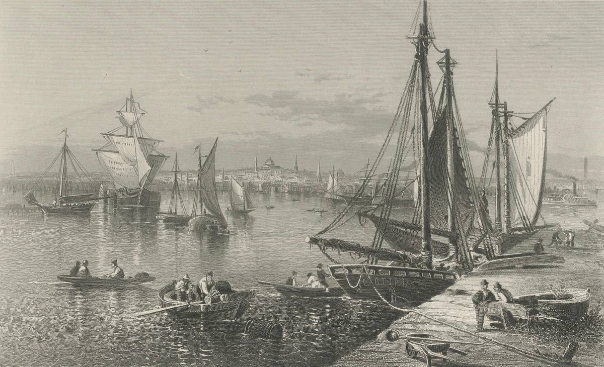 City of Boston, Harbor View from South Boston – Antique Maritime Engraving, 1870