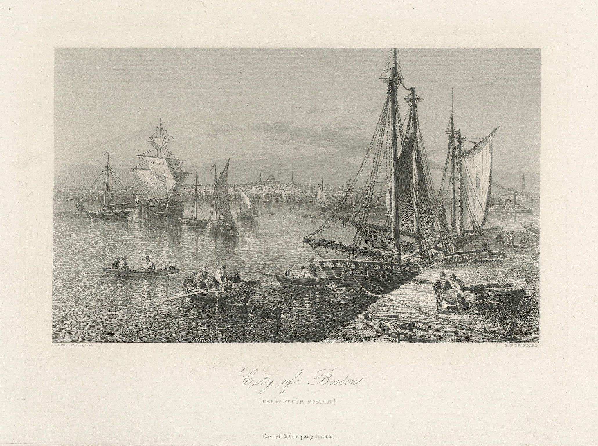 City of Boston, Harbor View from South Boston – Antique Maritime Engraving, 1870