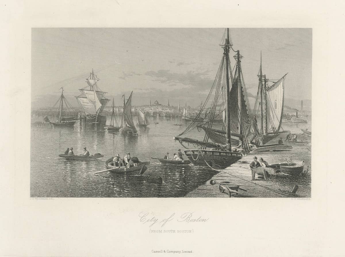 City of Boston, Harbor View from South Boston – Antique Maritime Engraving, 1870