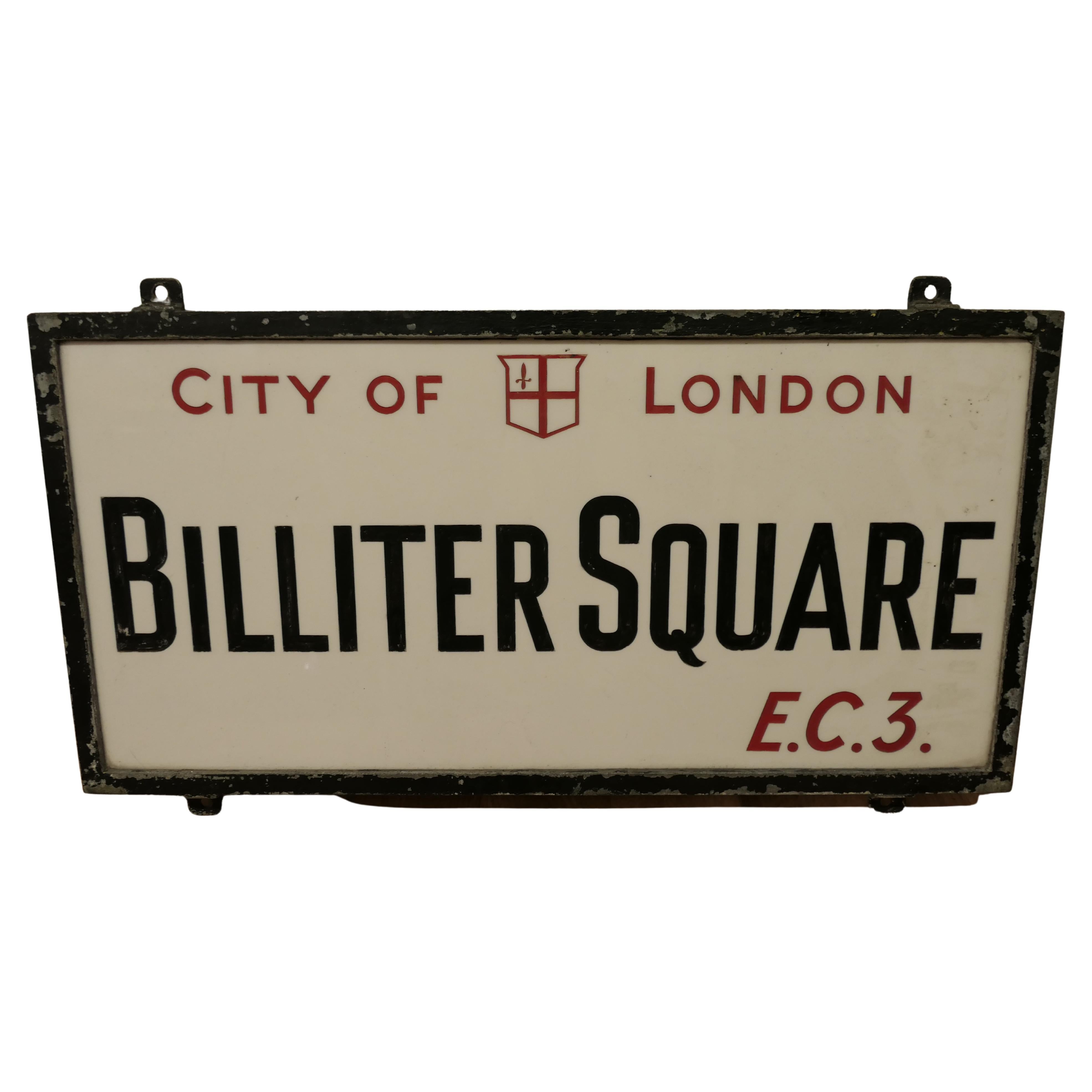 Panneau de rue édouardien en verre de la ville de Londres, Bilter Square E.C.3