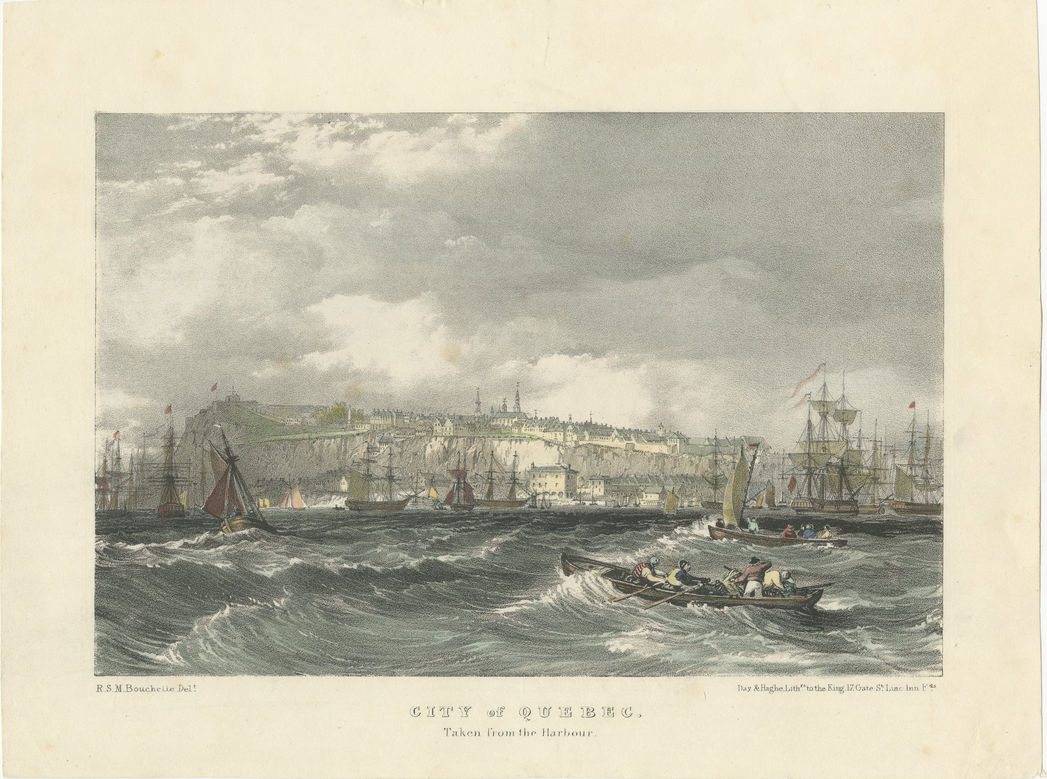 Título : Ciudad de Quebec, vista desde el puerto  

Descripción: Esta litografía coloreada a mano, creada por R.S.M. Bouchette y litografiada por Day & Haghe, representa una bulliciosa vista del puerto de la ciudad de Quebec desde el agua a