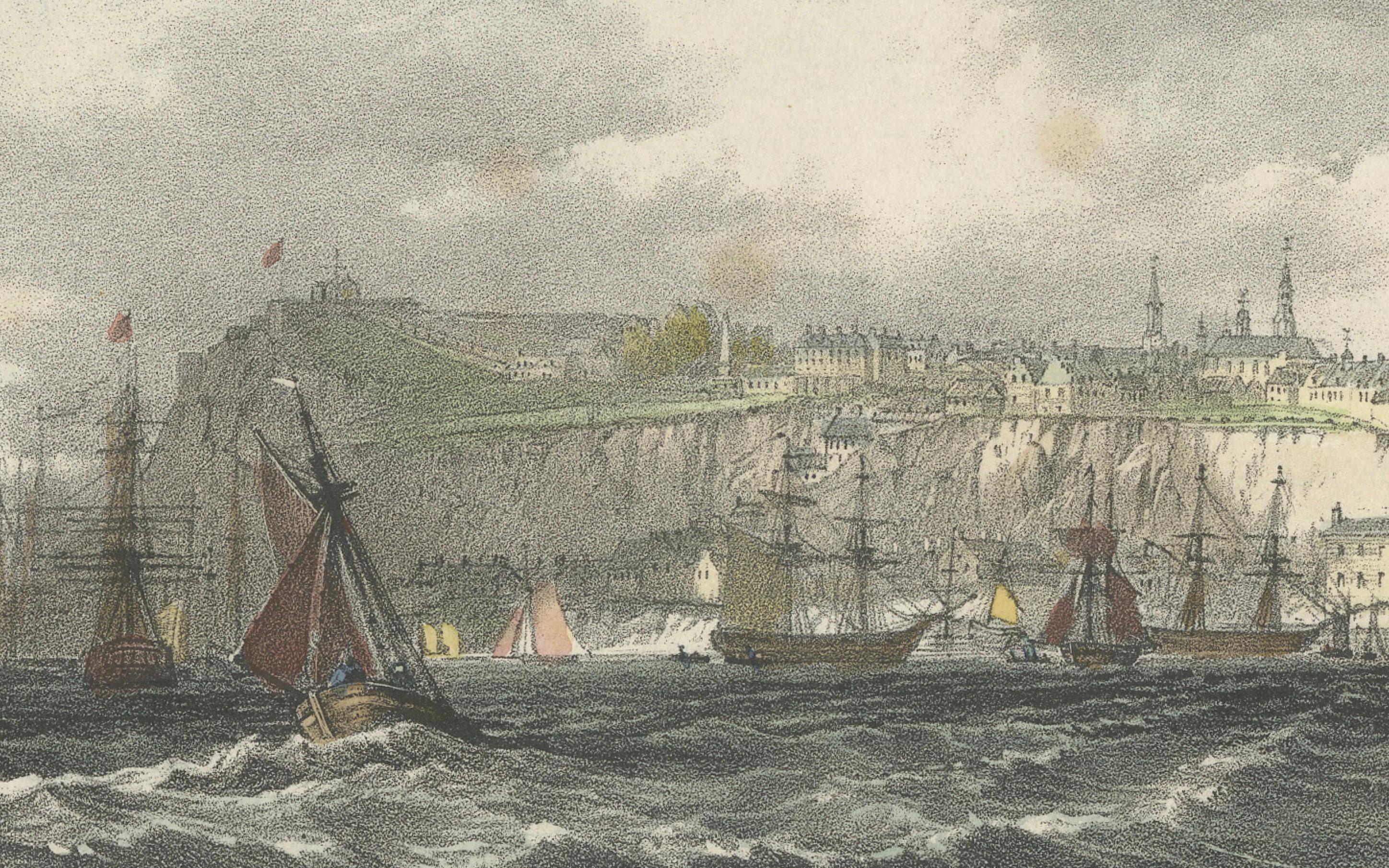 La ciudad de Quebec desde el puerto: Una vibrante litografía marítima del siglo XIX Grabado en venta