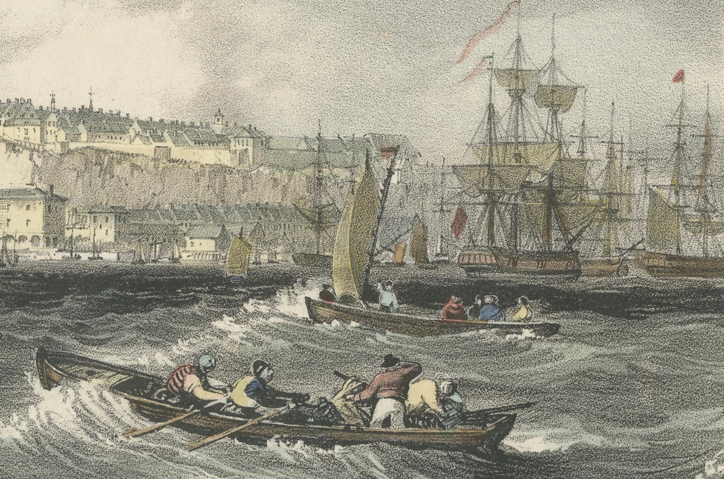 La ciudad de Quebec desde el puerto: Una vibrante litografía marítima del siglo XIX en Bueno estado para la venta en Langweer, NL