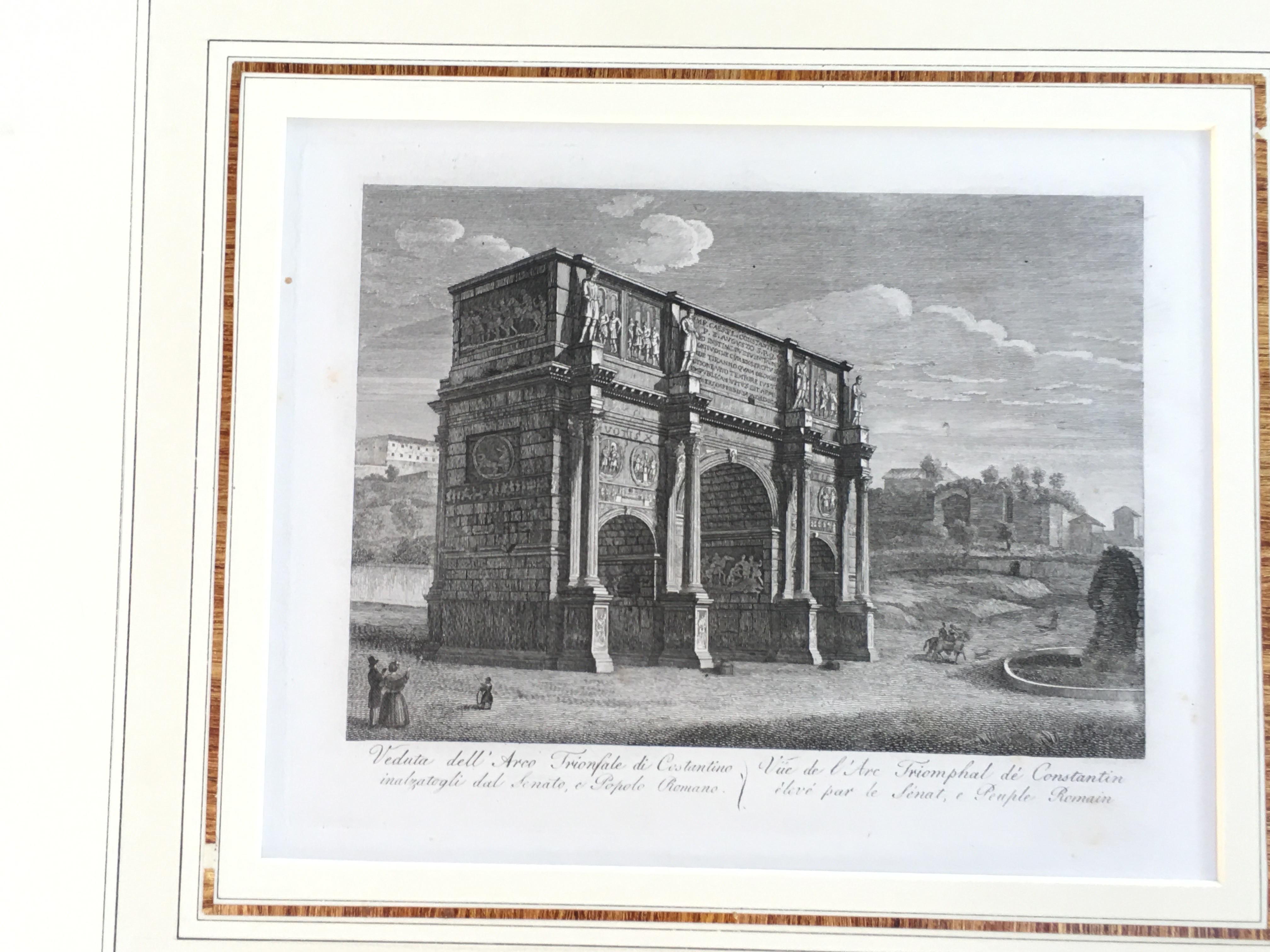 A third image from a trio of engravings purchased from a Palm Springs Estate of noted collector of engravings and etchings, Gerhardt Felgemaker. This beautiful engraving, printed in 1816!in Italy of Roman Architecture “Arco Trionfale Di