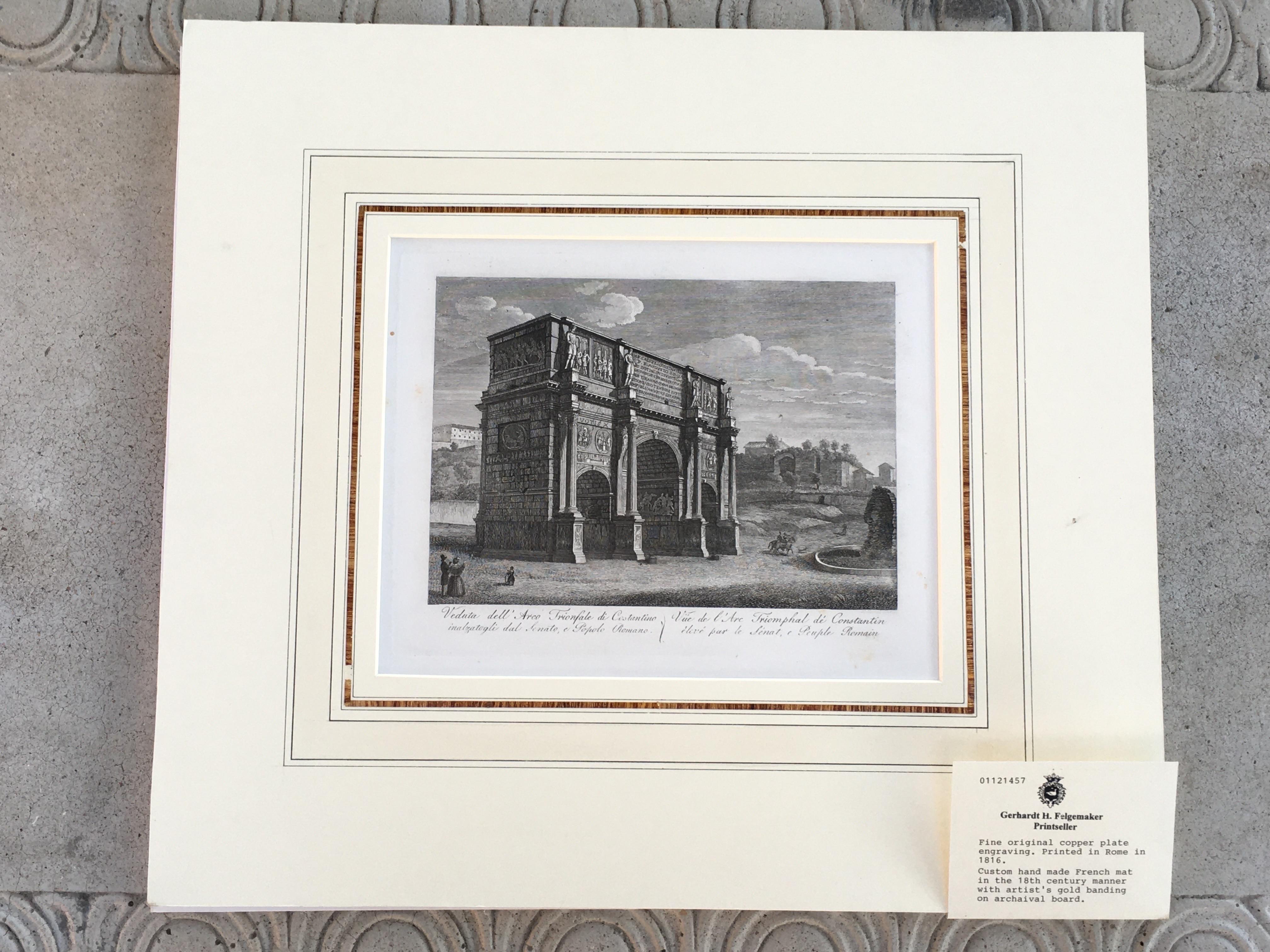 Classical Roman City of Rome Fine Architectural Engraving Printed in Italy, 1816, Matted For Sale