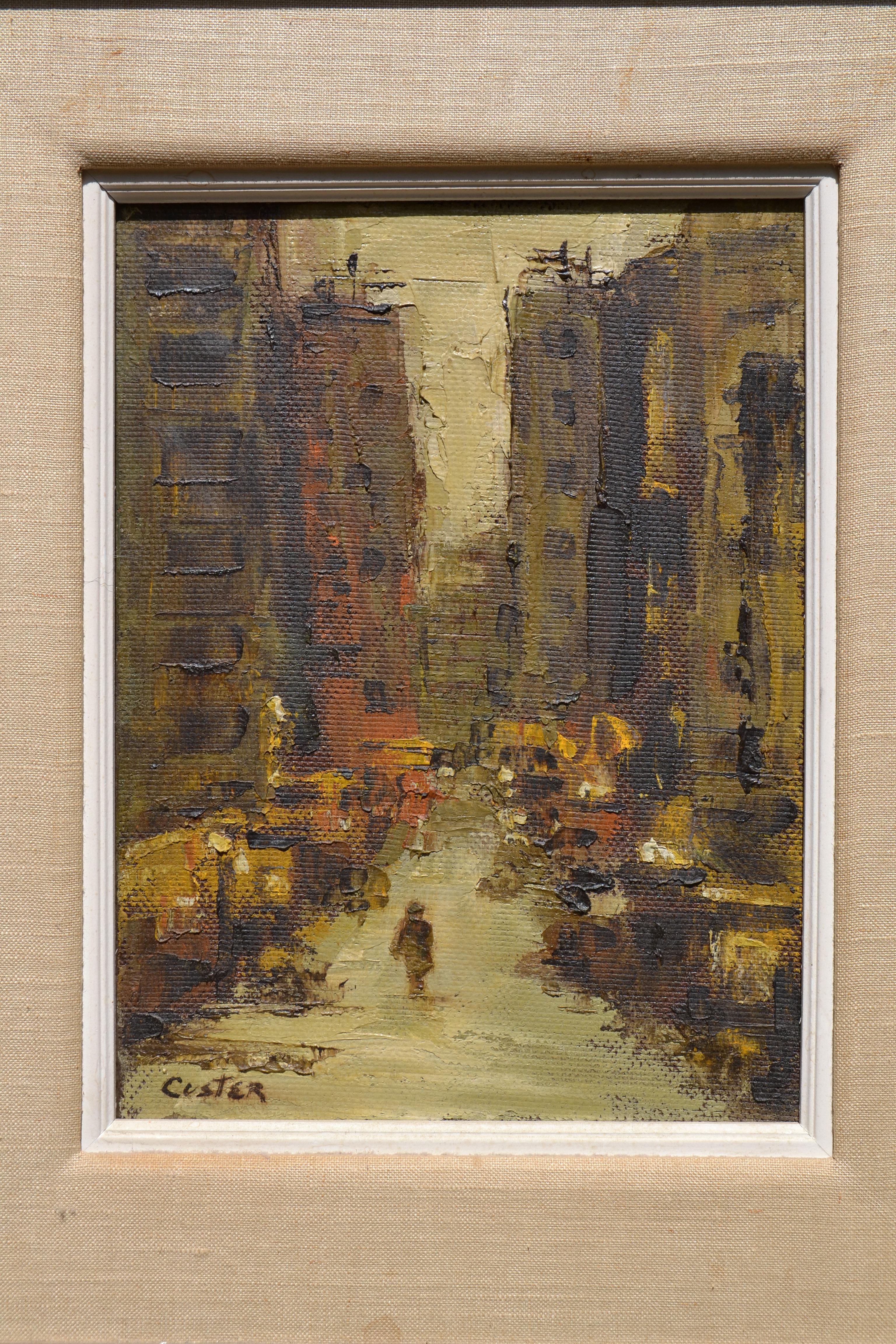 City street perspective painting by the artist Custer.
An impressionistic painting that was done with oil on canvas. 
Signed in the bottom corner.