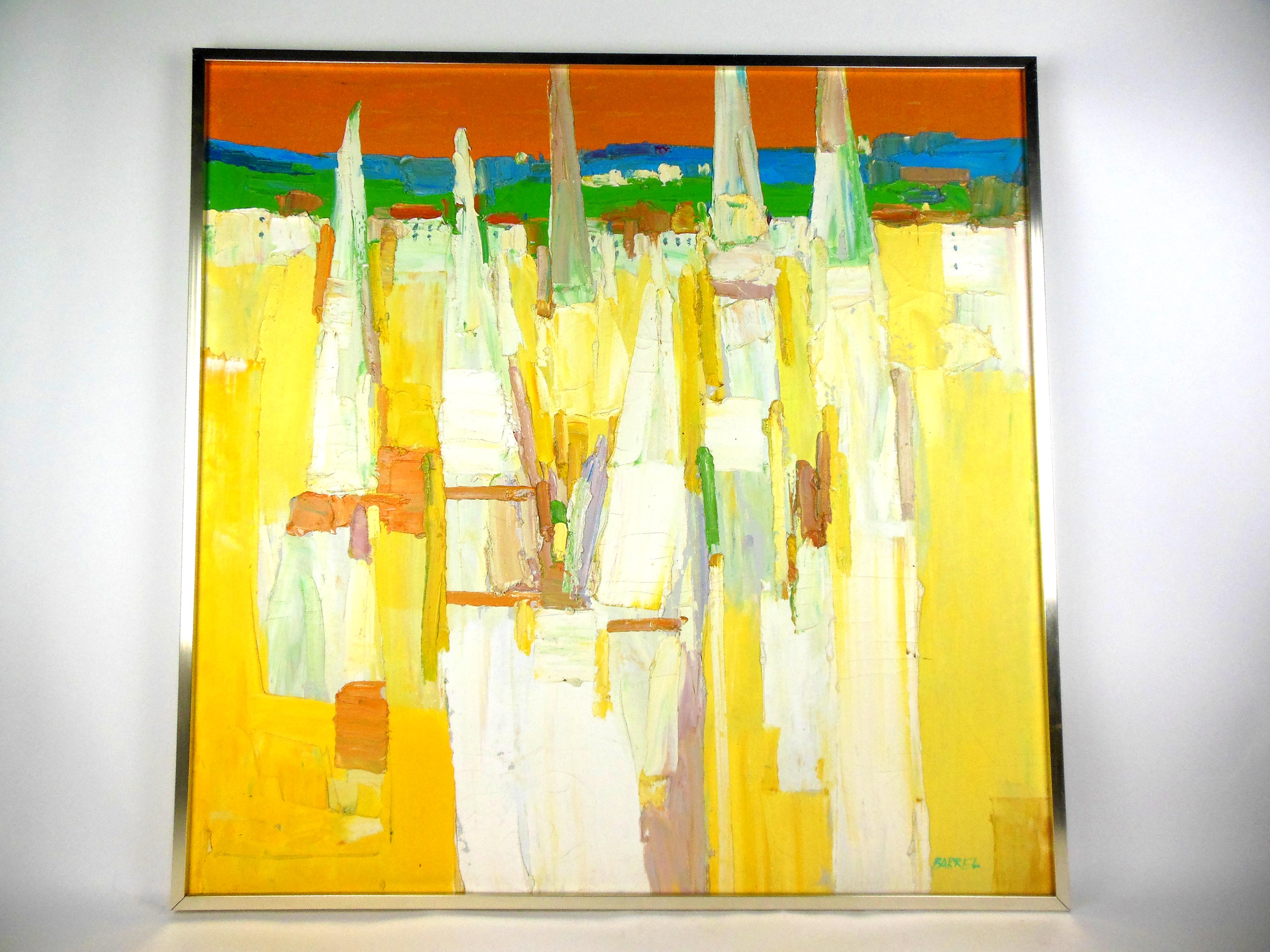 Colorful abstract painting of a cityscape soaked in sunlight by Italo Botto (George Barrel) 1923-2003). Beautiful hues of yellows and blues. Signed Barrel lower right. Very good condition with minimal wear to silver metal