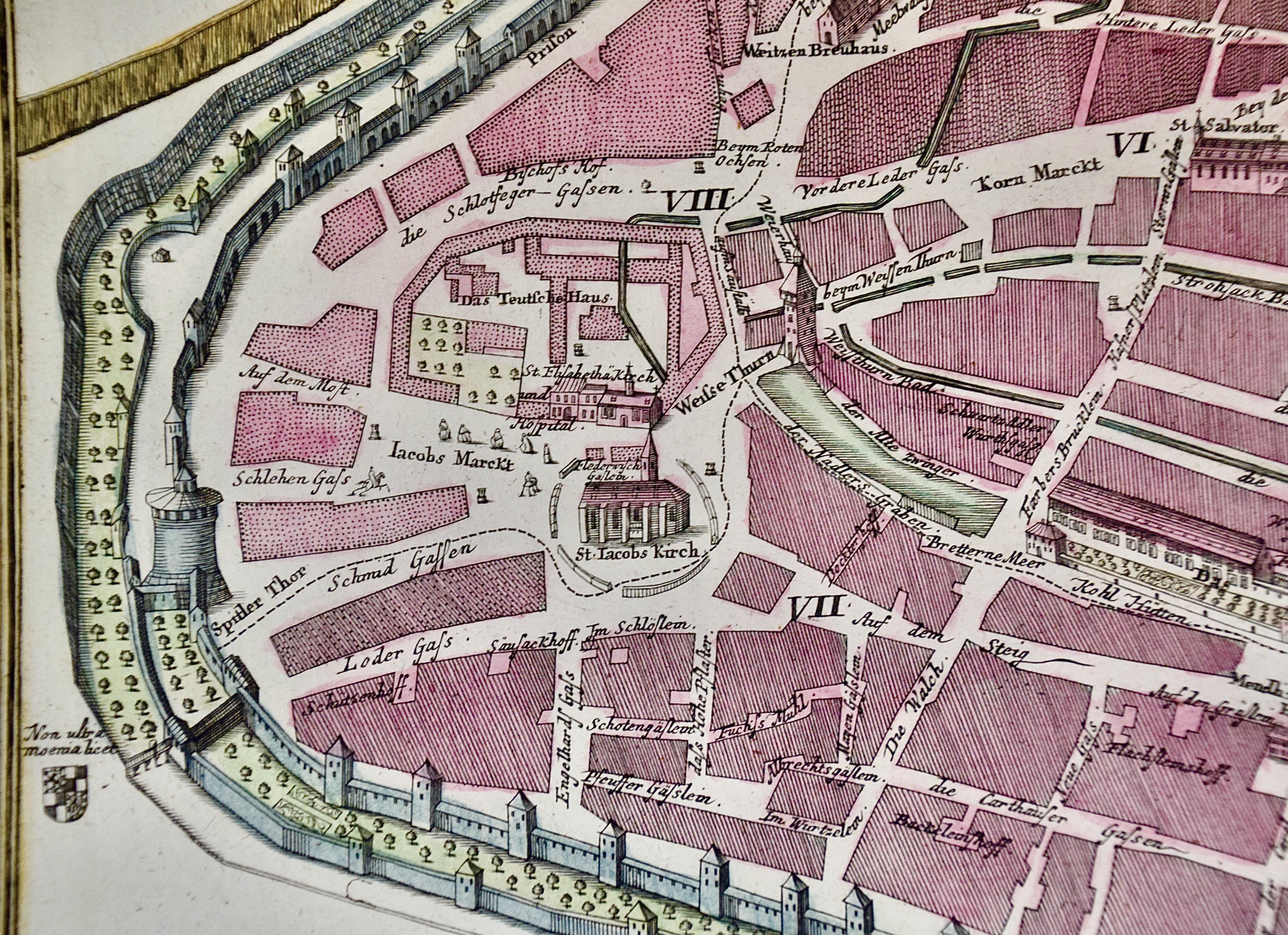 Papier View of Nuremberg, Allemagne : une carte colorée à la main du 18e siècle par M. Seutter en vente