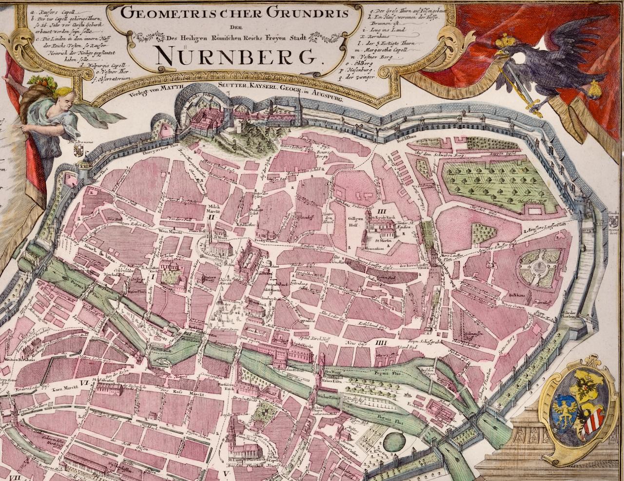 View of Nuremberg, Allemagne : une carte colorée à la main du 18e siècle par M. Seutter en vente 1