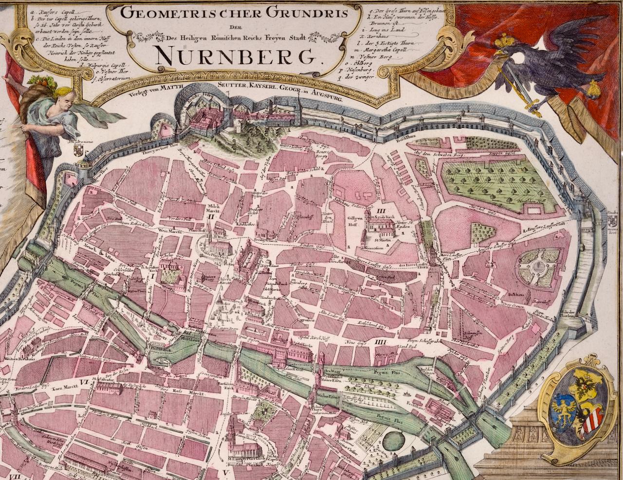 Vue de la ville de Nuremberg, Allemagne, colorée à la main au XVIIIe siècle, intitulée 