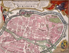 View of Nuremberg, Allemagne : une carte colorée à la main du 18e siècle par M. Seutter