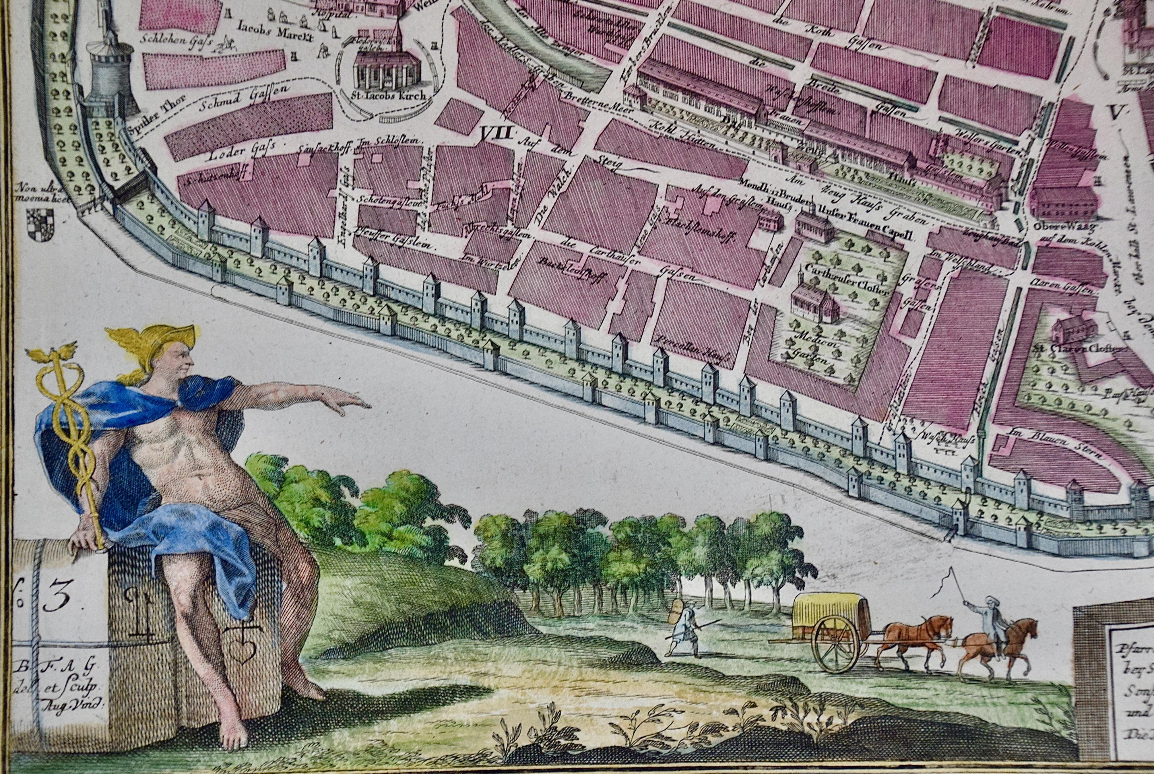 Engraved City View of Nuremberg, Germany: An 18th Century Hand-Colored Map by M. Seutter For Sale