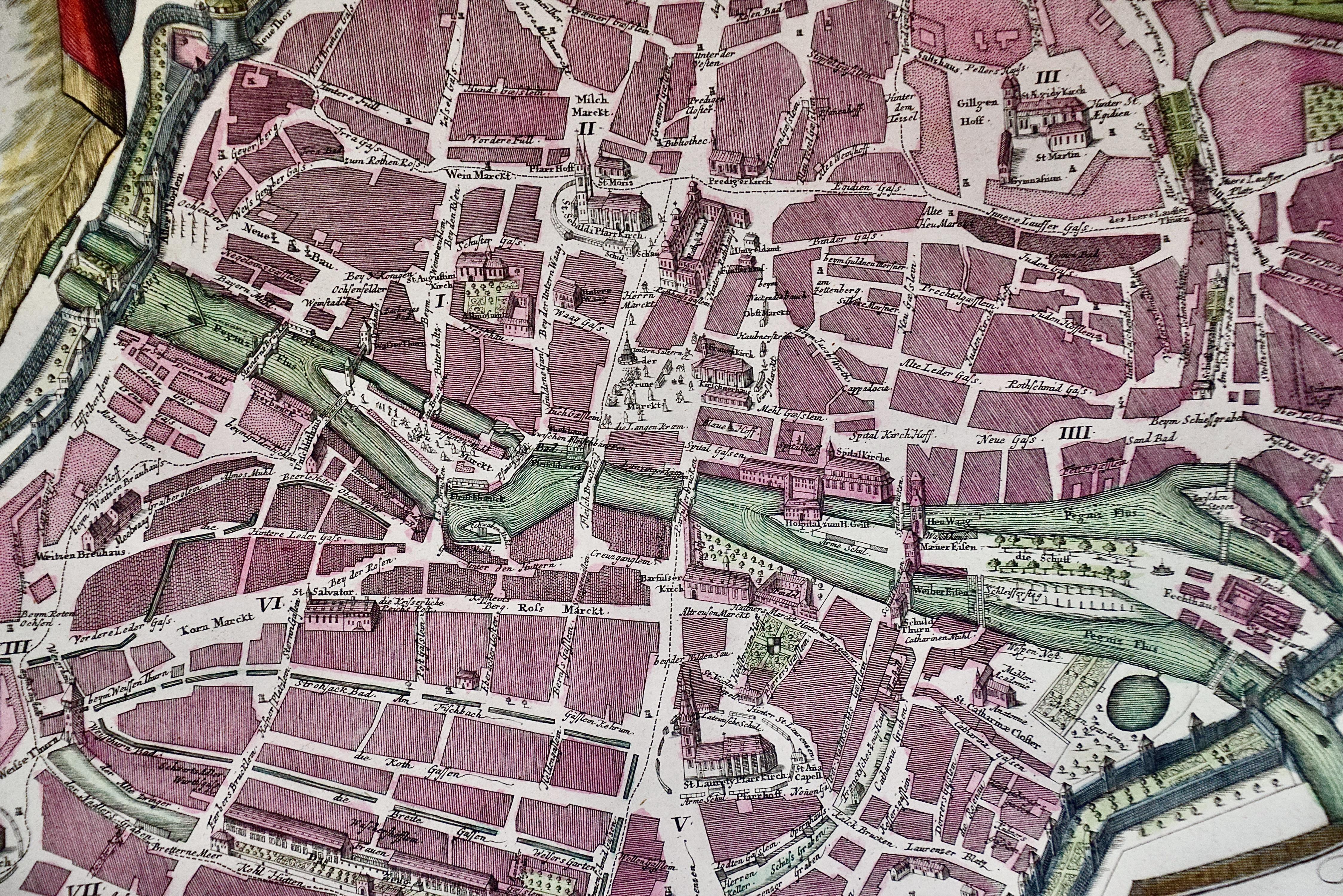 Gravé View of Nuremberg, Allemagne : une carte colorée à la main du 18e siècle par M. Seutter en vente