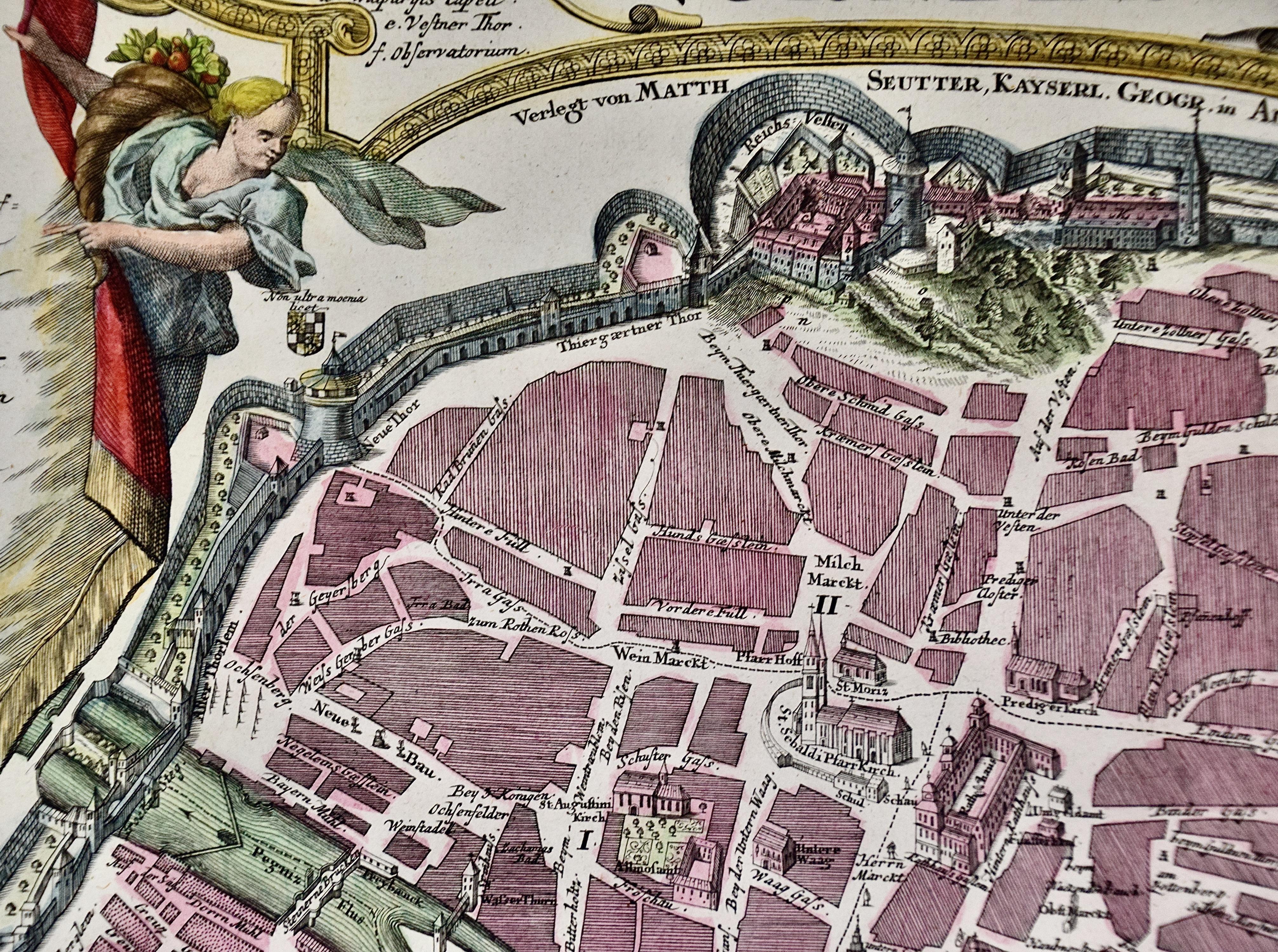 Paper City View of Nuremberg, Germany: An 18th Century Hand-Colored Map by M. Seutter For Sale