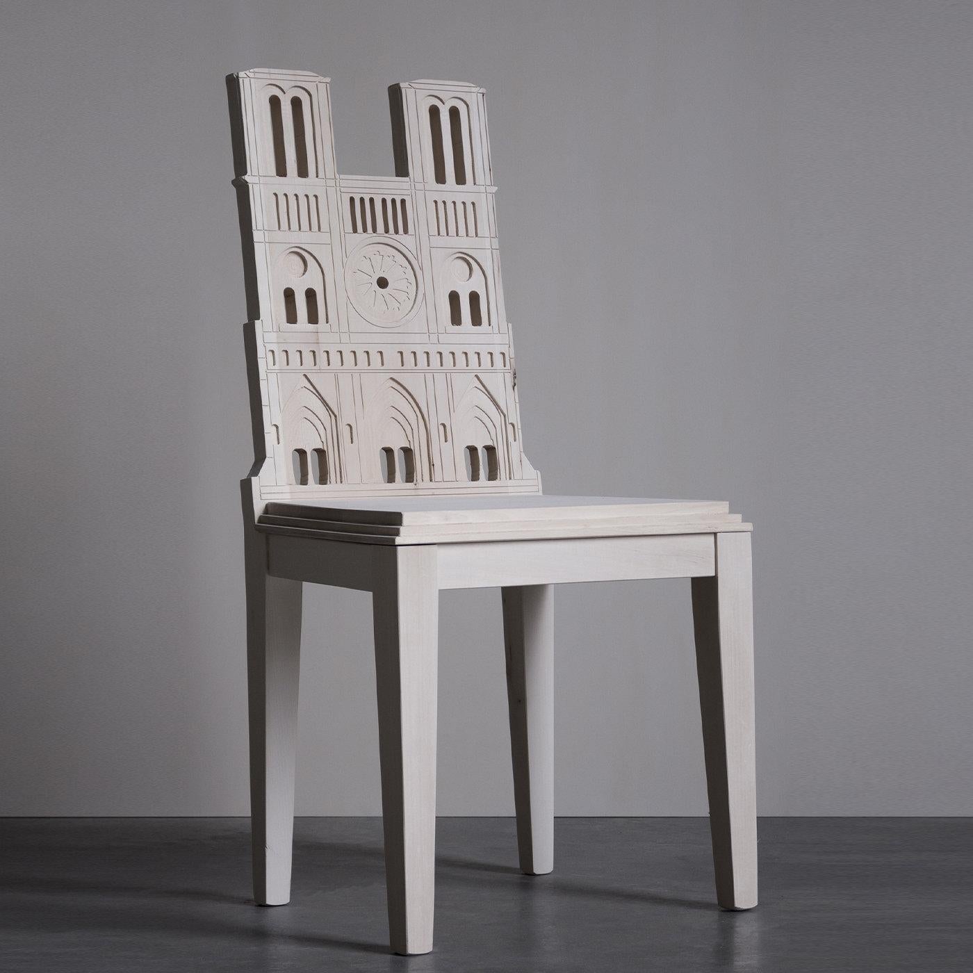 A splendid tribute to the renowned Parisian Cathedral of Notre Dame, this magnificent chair belongs to the Cityng Collection by young artist, artisan, and designer Cosimo De Vita, produced by Savio Interiors for Chelini Firenze and Savio Firmino.