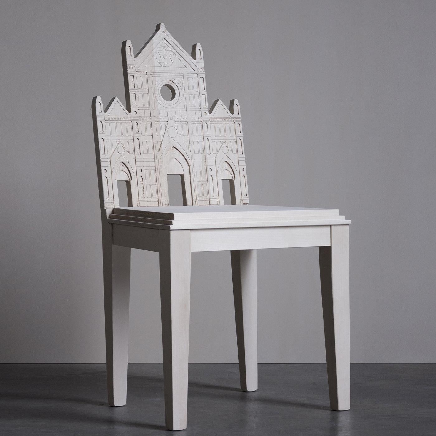An extraordinary and profoundly realistic representation of the Santa Croce Church of Florence, this splendid chair by Cosimo De Vita will elevate the look of a contemporary interior to unparalleled sophistication. Entirely crafted of solid wood,