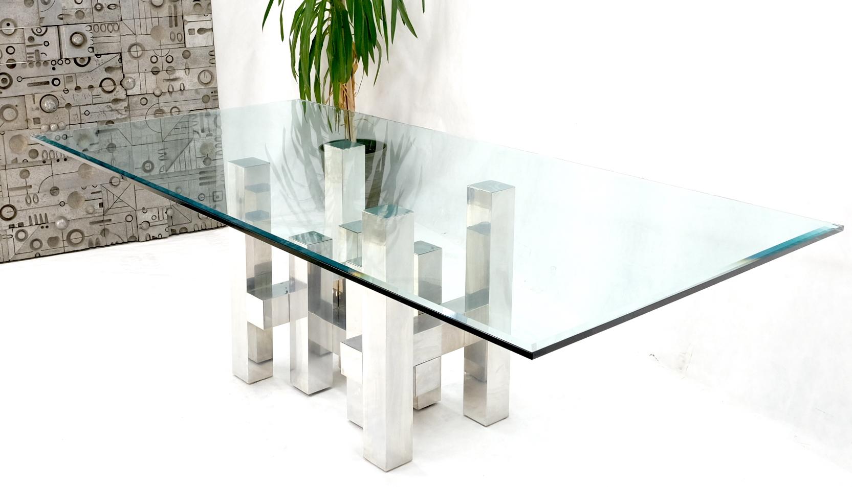 Polished Cityscape Aluminum Base Large Rectangle Glass Top Dining Conference Paul Mayen For Sale