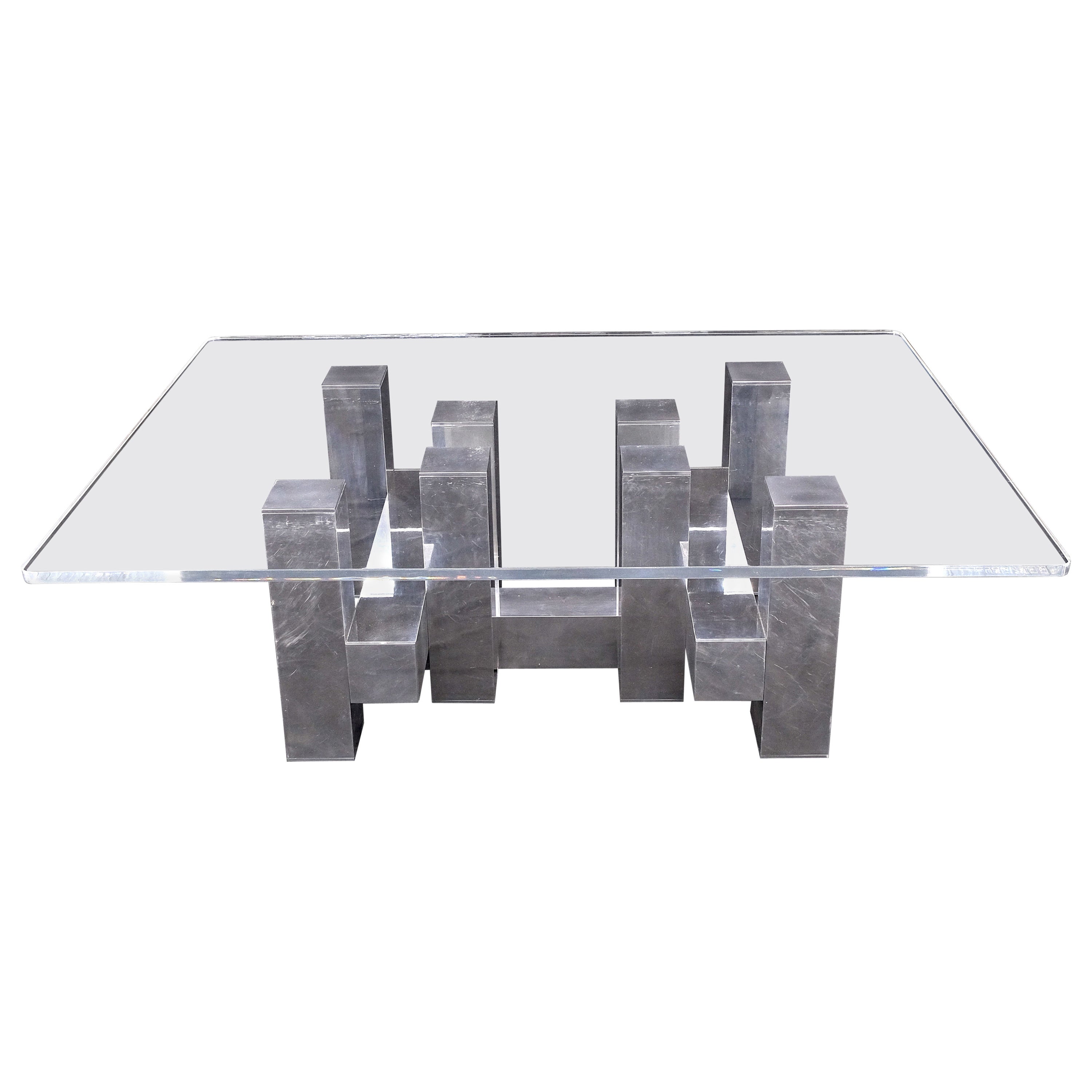 Cityscape Aluminum Base Lucite Rectangle Top Rounded Corners Coffee Table