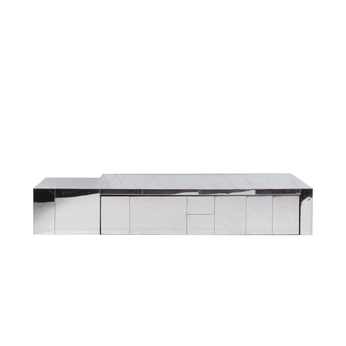 A two-piece Cityscape floating wall console and rectangular floor mirror with chrome-plated steel and mirrored finish by Paul Evans Studio for Directional Furniture. USA, circa 1970. Signed.

Console is separate from mirror allowing it to be hung at