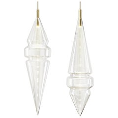 'Cityscape Duo' Pair of Minimal Pendants, Clear Glass and Brass Ceiling Lights