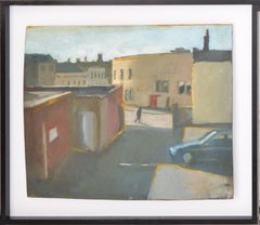 Cityscape Painting Acrylic on Board Black & White Framed Mid-Century Modern 70s