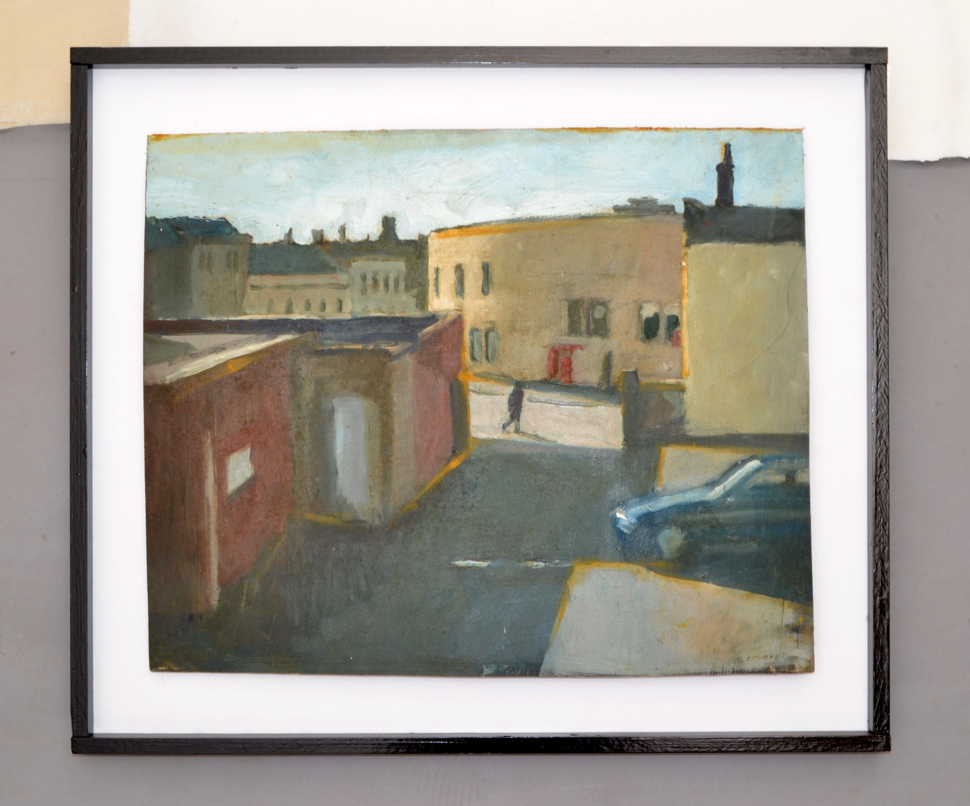 Mexican Cityscape Painting Acrylic on Board Black & White Framed Mid-Century Modern 70s For Sale