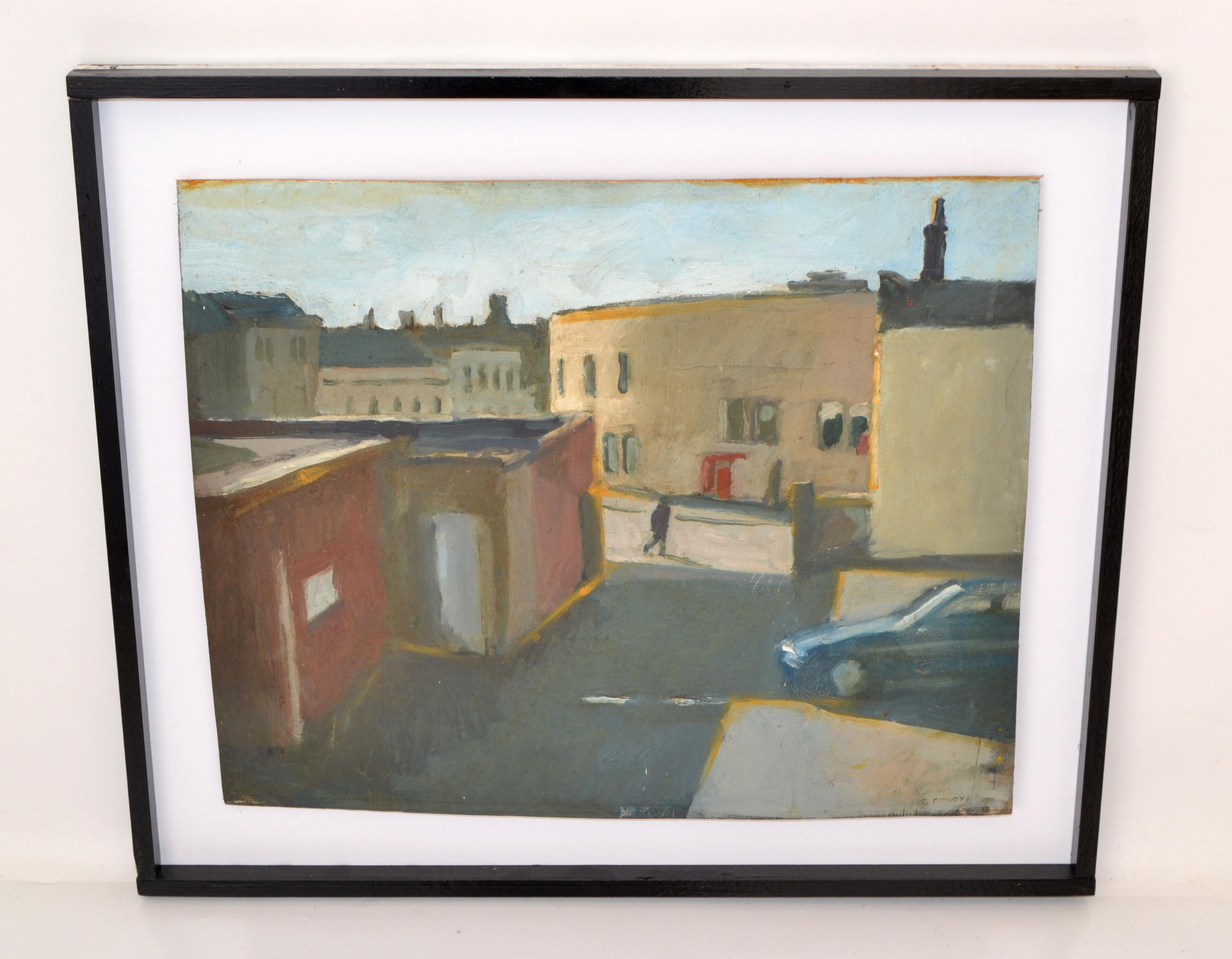 Late 20th Century Cityscape Painting Acrylic on Board Black & White Framed Mid-Century Modern 70s For Sale