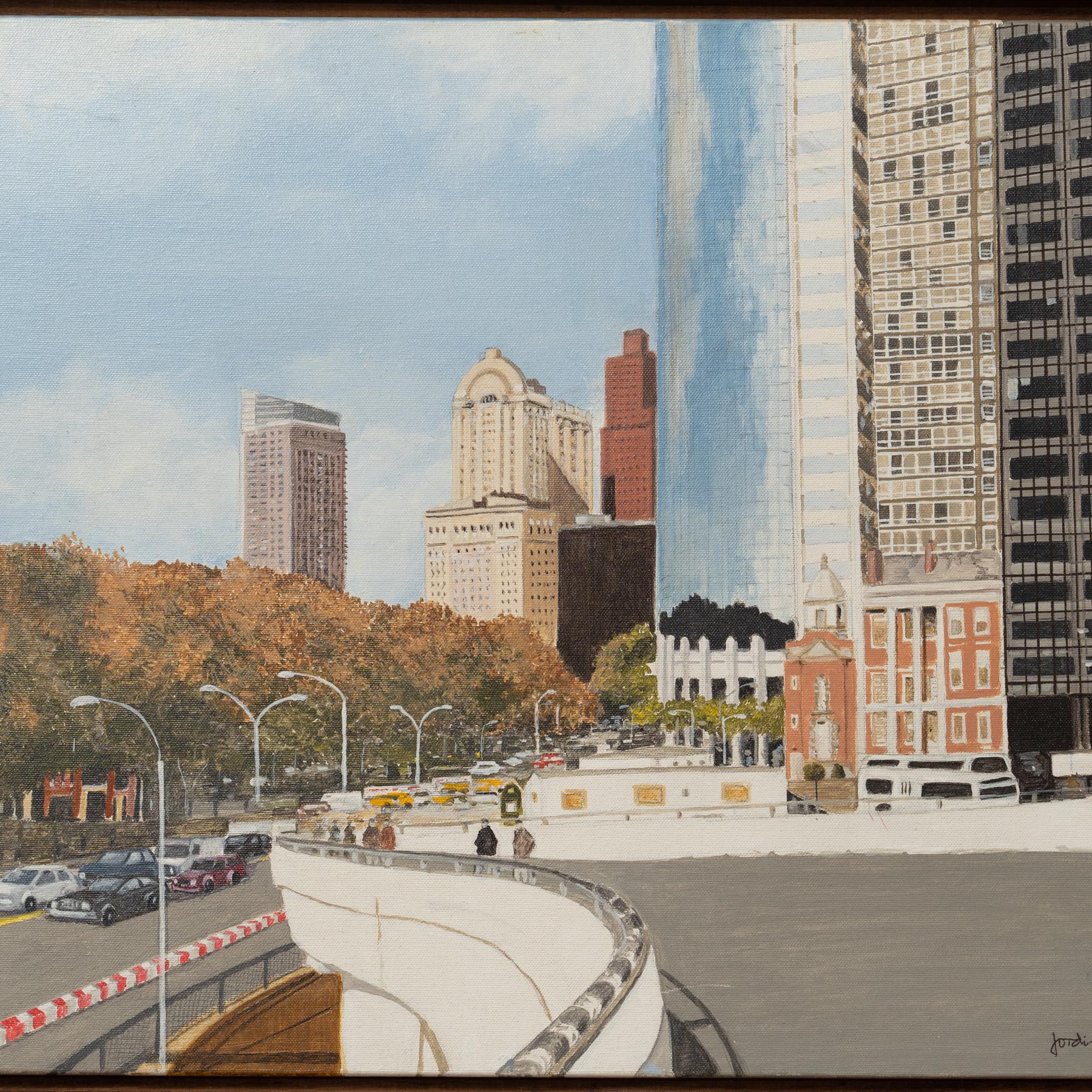 Mid-Century Modern Cityscape Painting by Jordi Mir: 'Battery Park, NY For Sale