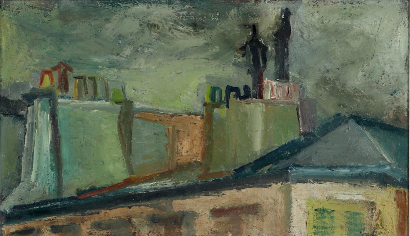 Avant-garde cityscape painting,
Signed to verso Chapoval for Youla Chapoval,
(French/Ukrainian, 1919–1951)
Oil on Canvas,
Dated 1945

The vigorous painting depicts city roof tops with a dramatic muted hue.


More than 700 canvases, numerous