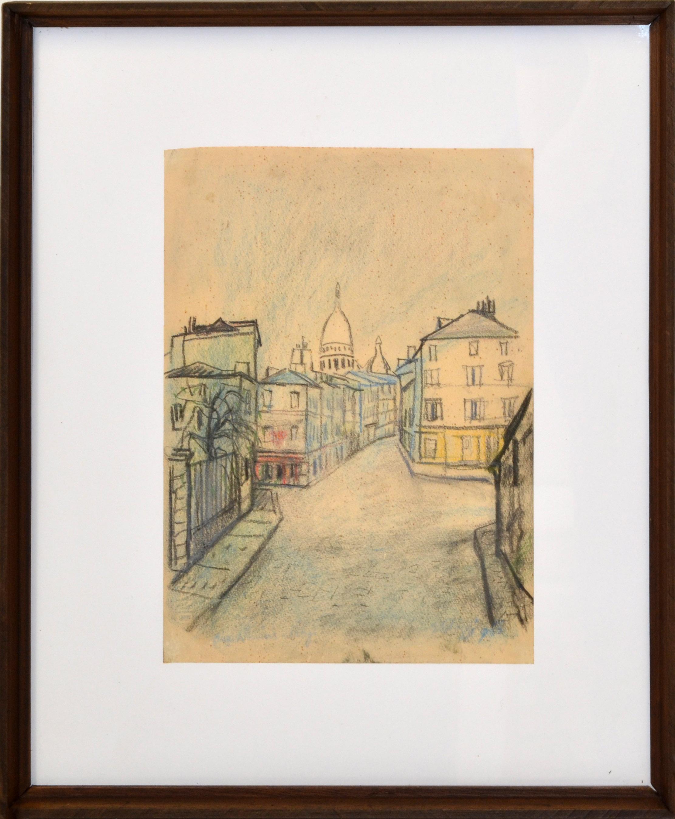 Cityscape Painting Pencil on Board Framed France Mid-Century Modern 70s For Sale 5