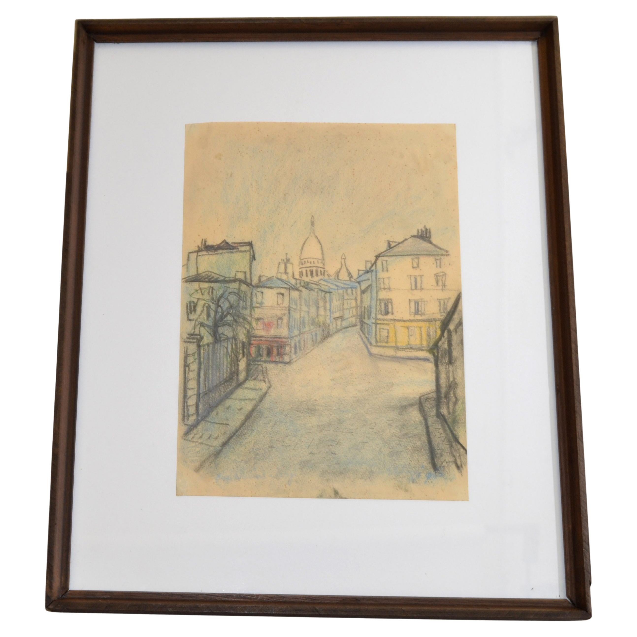 Framed French Cityscape Pencil painting on board made in circa 1970s.
Depicting a French City Scene.
Framed in brown Wood.
In all original pristine condition with some wear as documented.
Art Size measures: 9 x 12.5 inches.
 