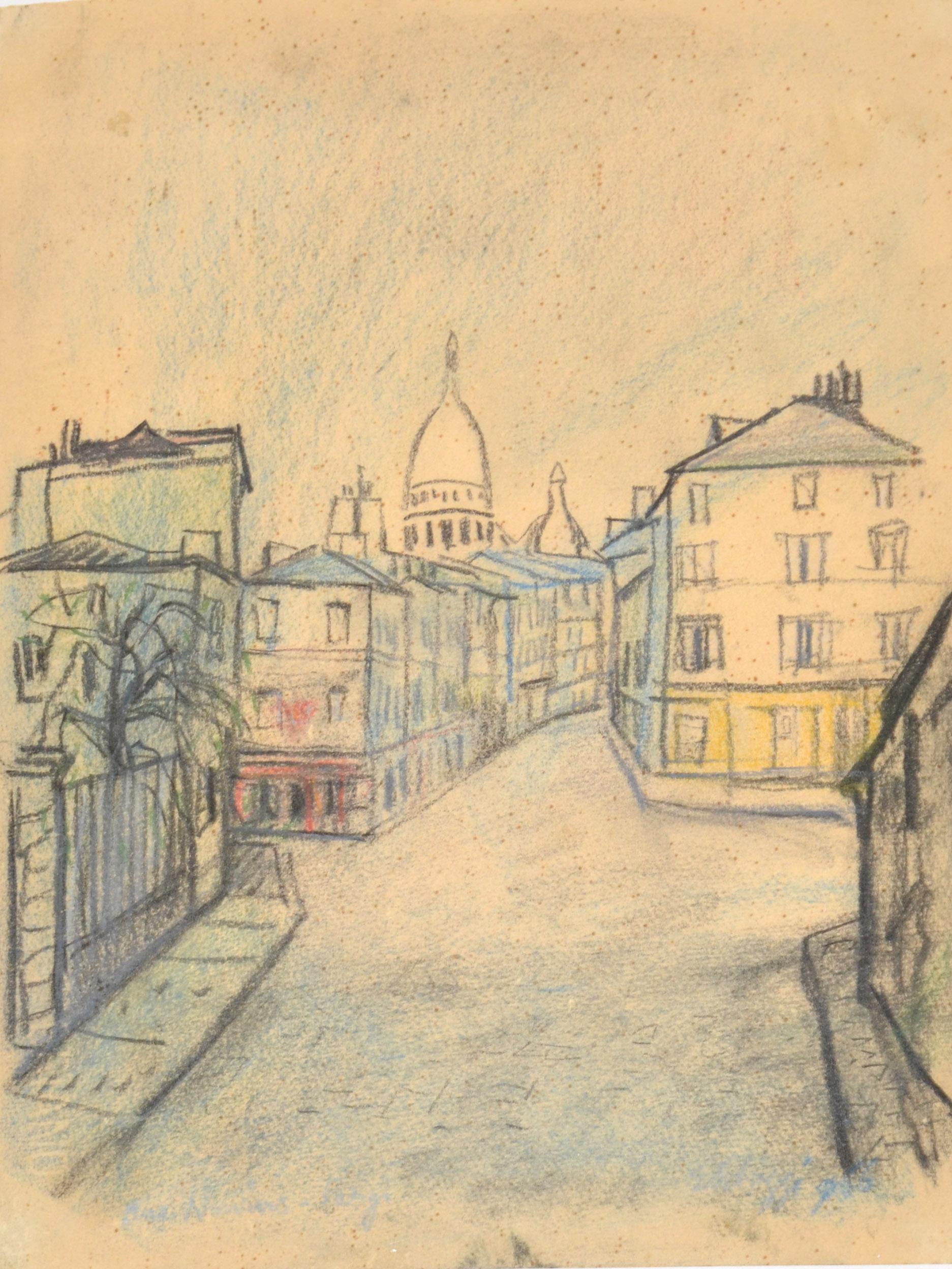 French Cityscape Painting Pencil on Board Framed France Mid-Century Modern 70s For Sale