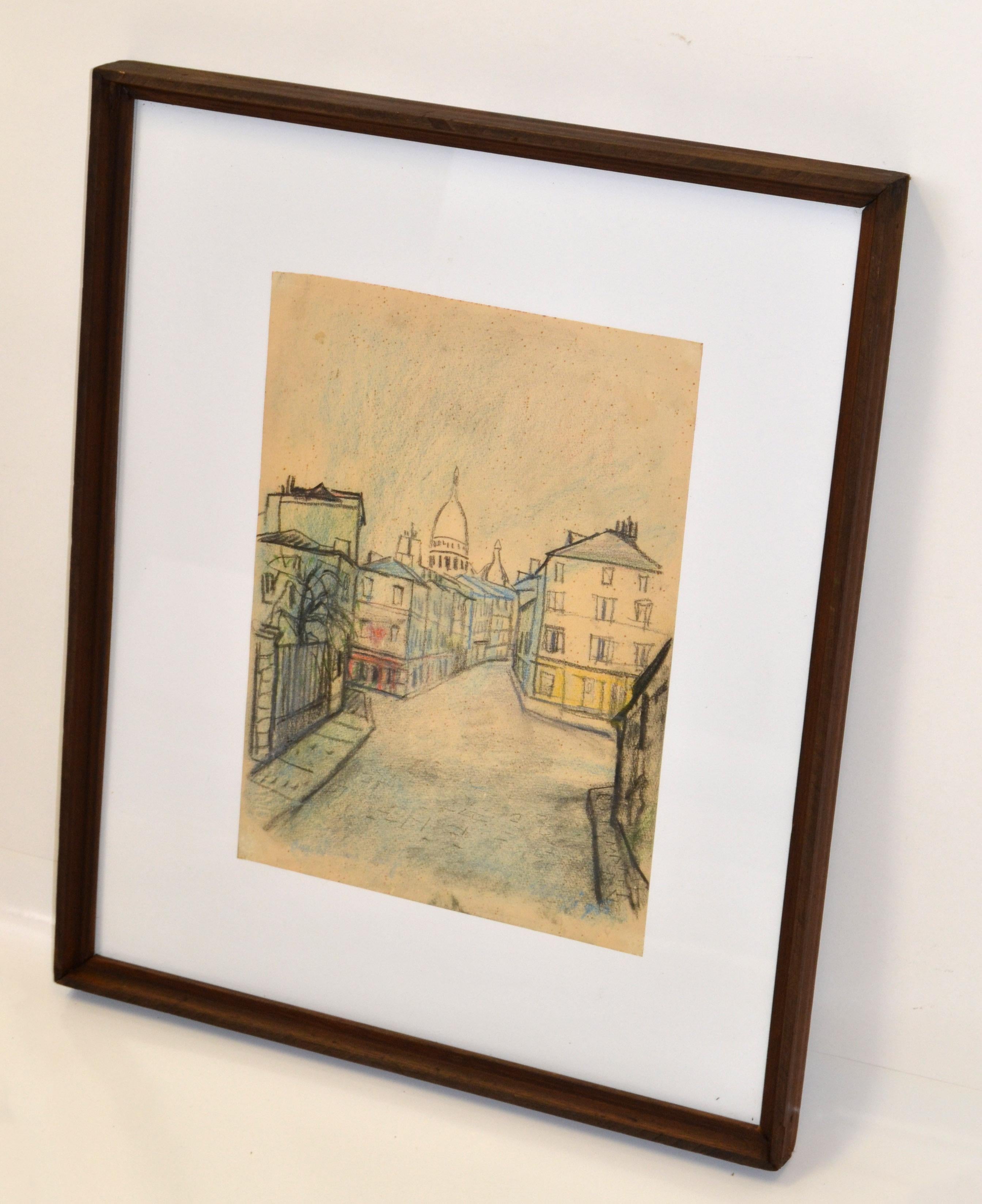 Hand-Painted Cityscape Painting Pencil on Board Framed France Mid-Century Modern 70s For Sale