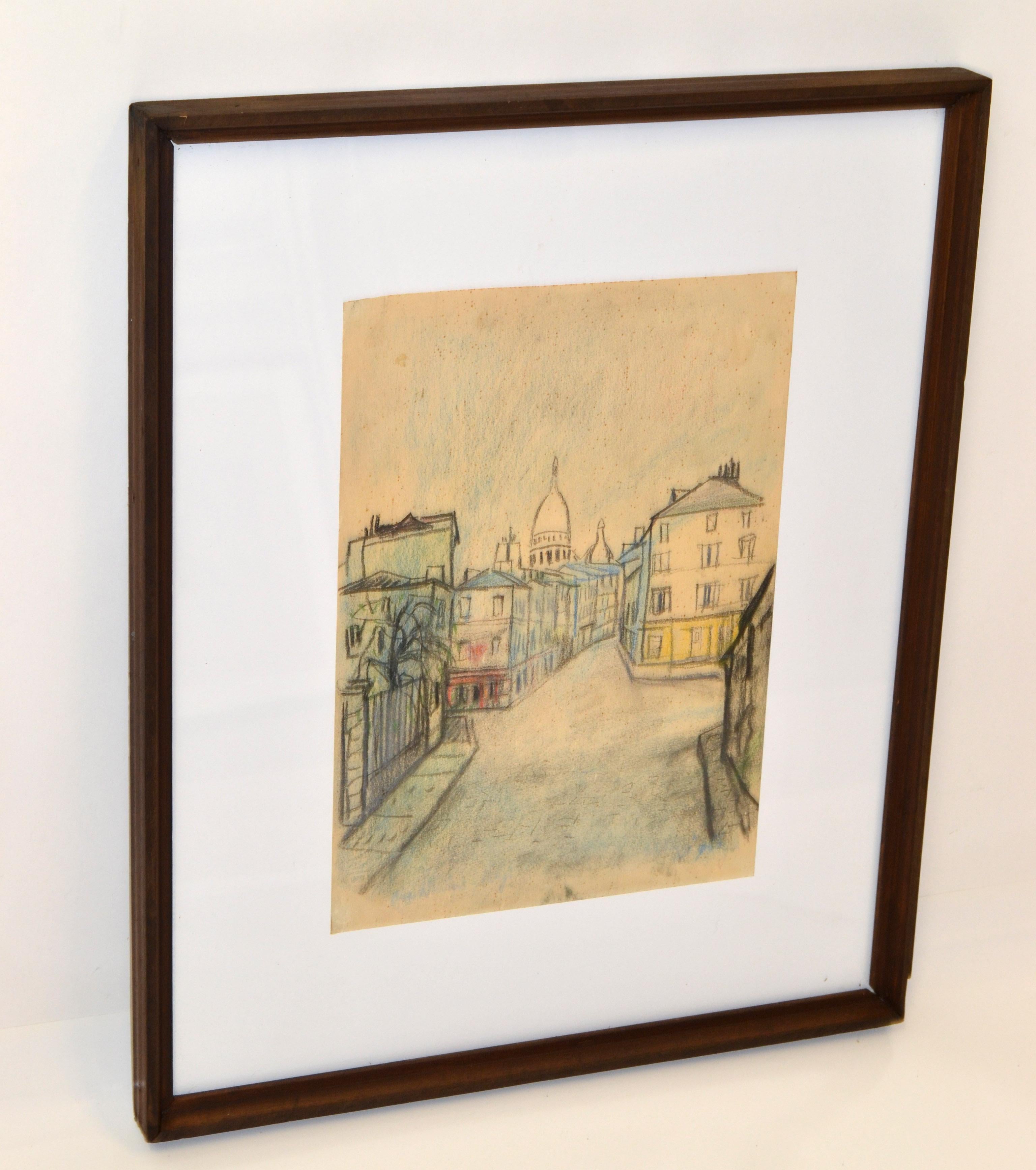 Cityscape Painting Pencil on Board Framed France Mid-Century Modern 70s In Good Condition For Sale In Miami, FL